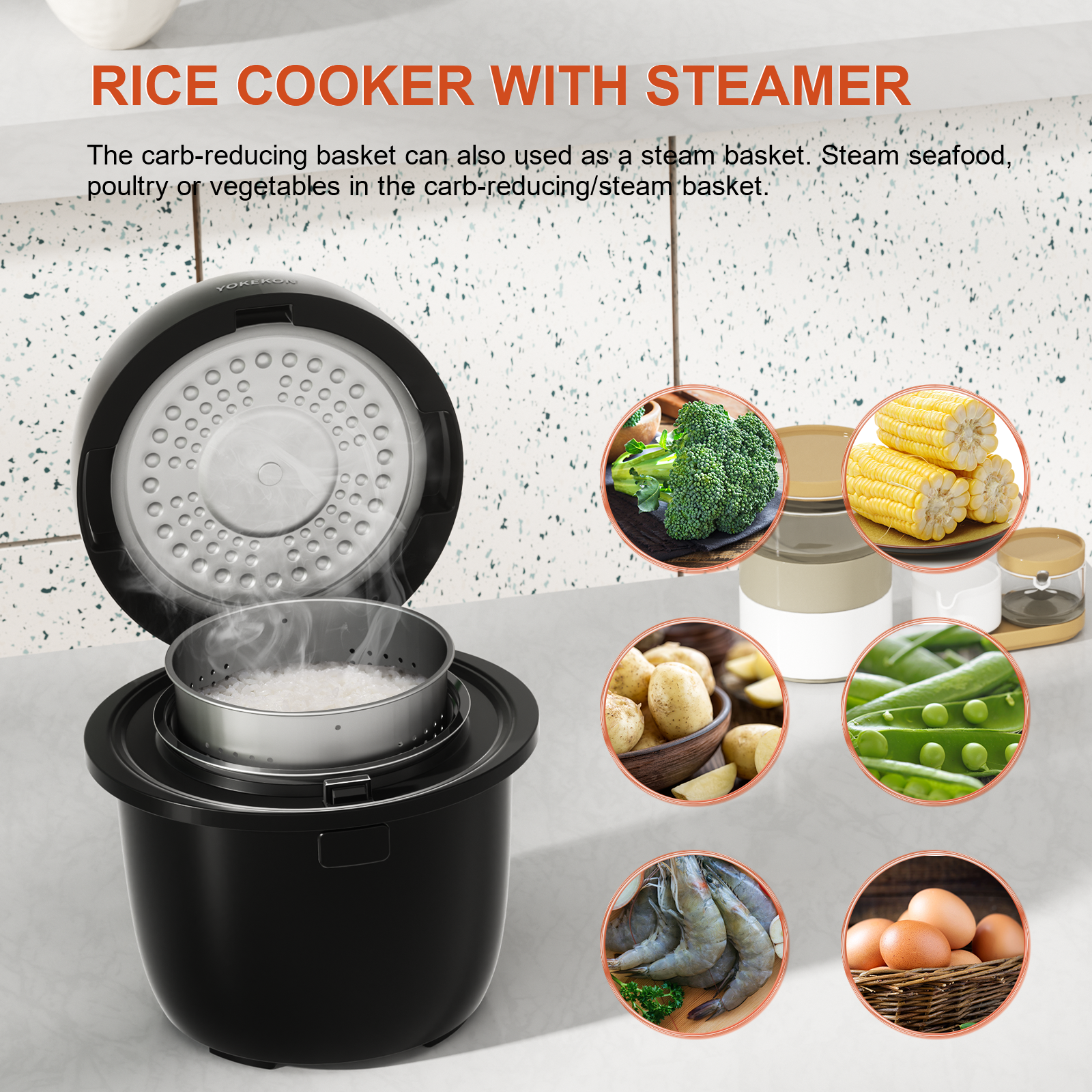 Rice Cooker Small Low Carb, YOKEKON 6-cup (cooked) Rice Cooker with Stainless Steel Steamer, 8-in-1 Rice Maker, Delay Timer and Auto Keep Warm Feature, Sushi, Risitto, Steamer, Cake, Black