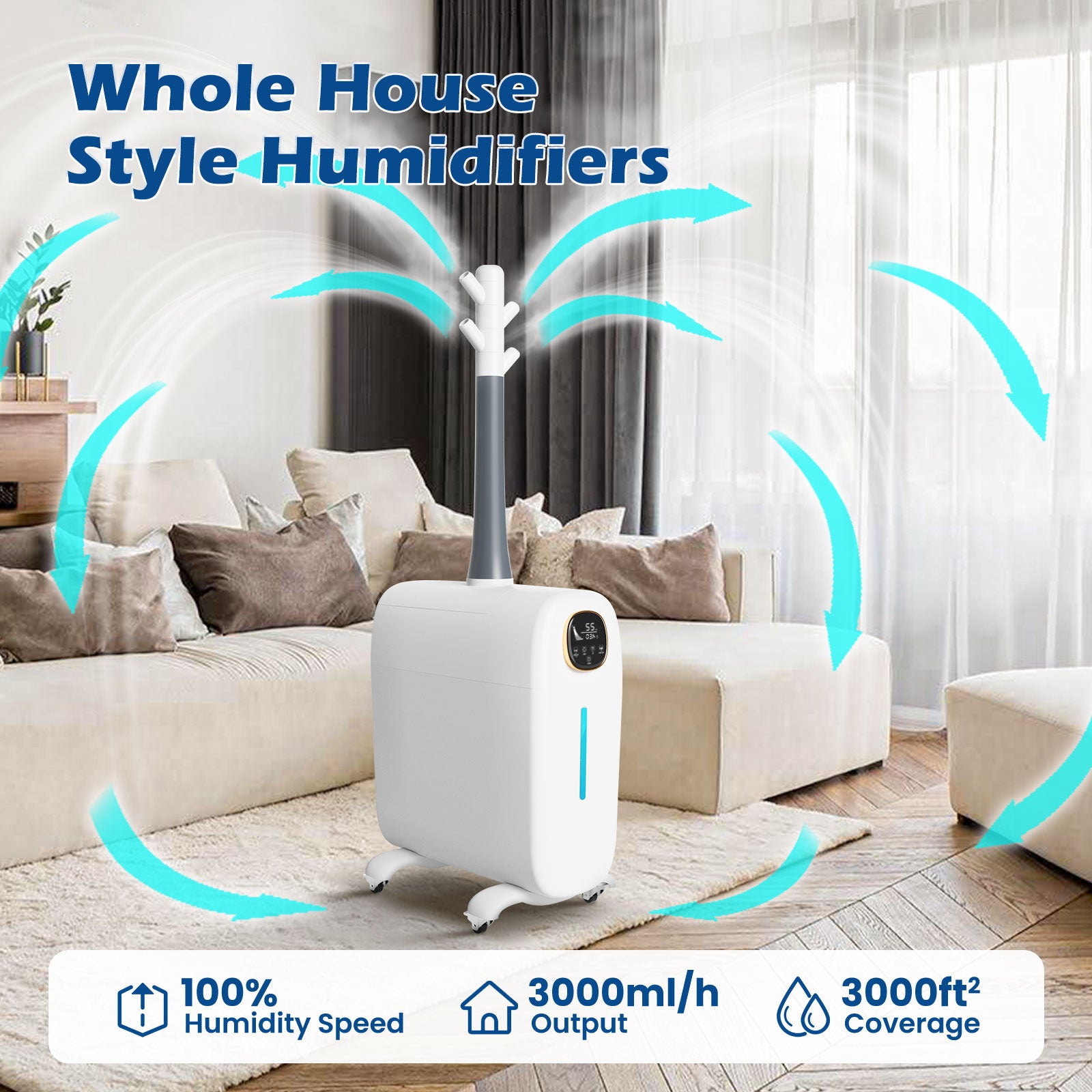 [LCD-J39]6.6gal/25L Large Humidifier Whole-House Commercial and Industrial Humidifier 3000 sq.ft, Cool Mist Top Fill Humidifier Floor Humidifiers 2000ML/H Branch Tube Design with 360° Nozzle Sets