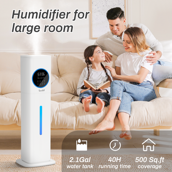 [LCD-2303W]Humidifier Large Room, 2.1Gal/8L Humidifiers for Home, Humidifiers for Bedroom with Essential Oil Diffuser, Top Fill Whole House Cool Mist Humidifiers for Plants Baby Kids Adults Office, White