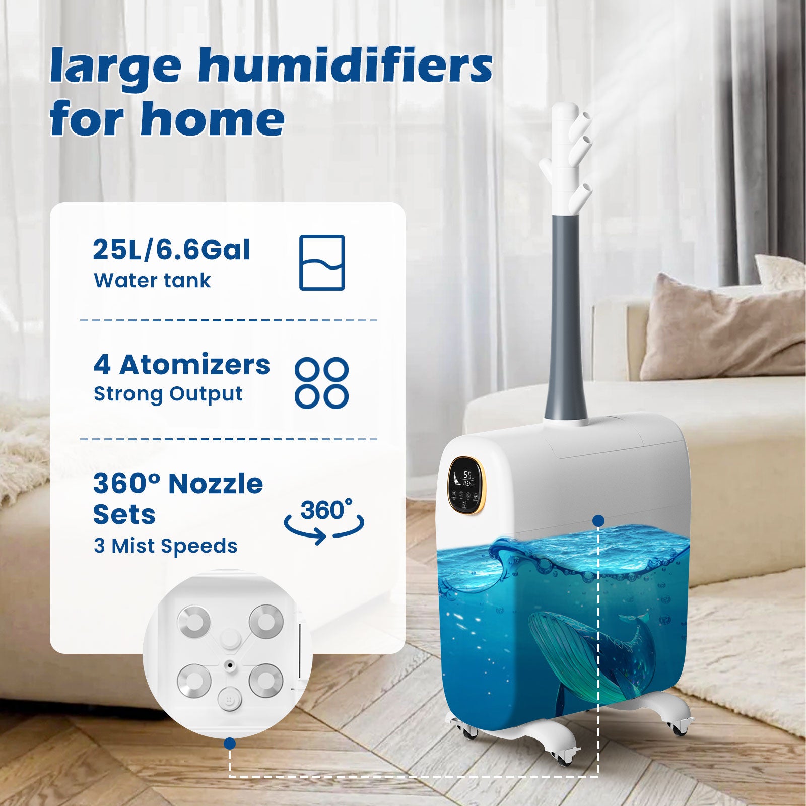 [LCD-J39]6.6gal/25L Large Humidifier Whole-House Commercial and Industrial Humidifier 3000 sq.ft, Cool Mist Top Fill Humidifier Floor Humidifiers 2000ML/H Branch Tube Design with 360° Nozzle Sets