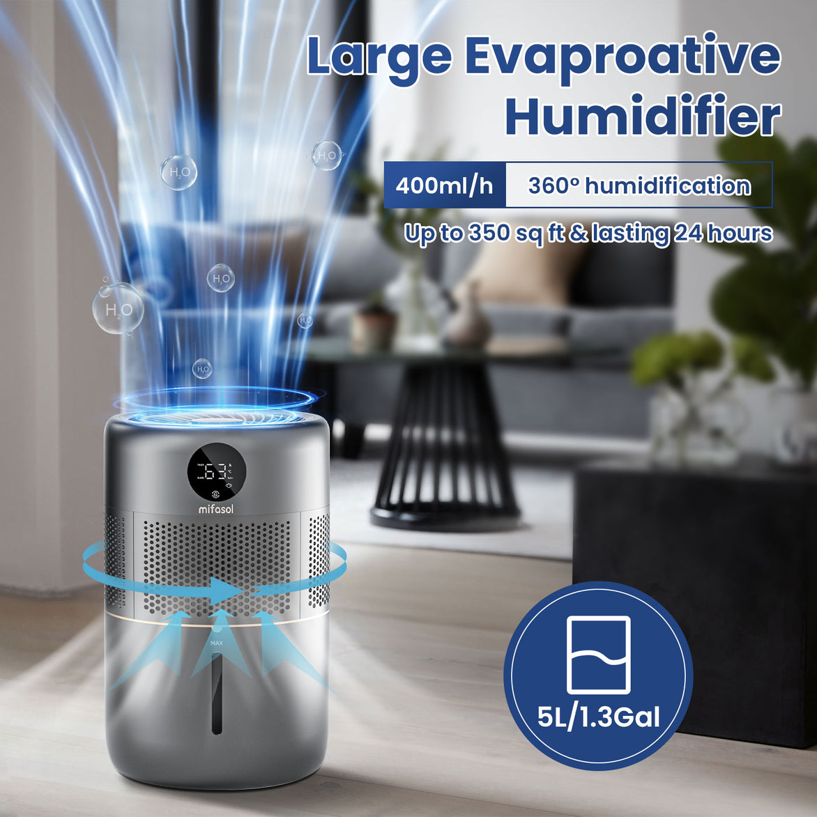 Evaporative Humidifier, 5L Large Humidifiers for Bedroom, 400 ml/h Rapid Humidifiers with Filter for Home, Quiet Sleep Mode, Humidity Setting Top Fill Humidifiers for Large Room Baby Yoga Room Plants