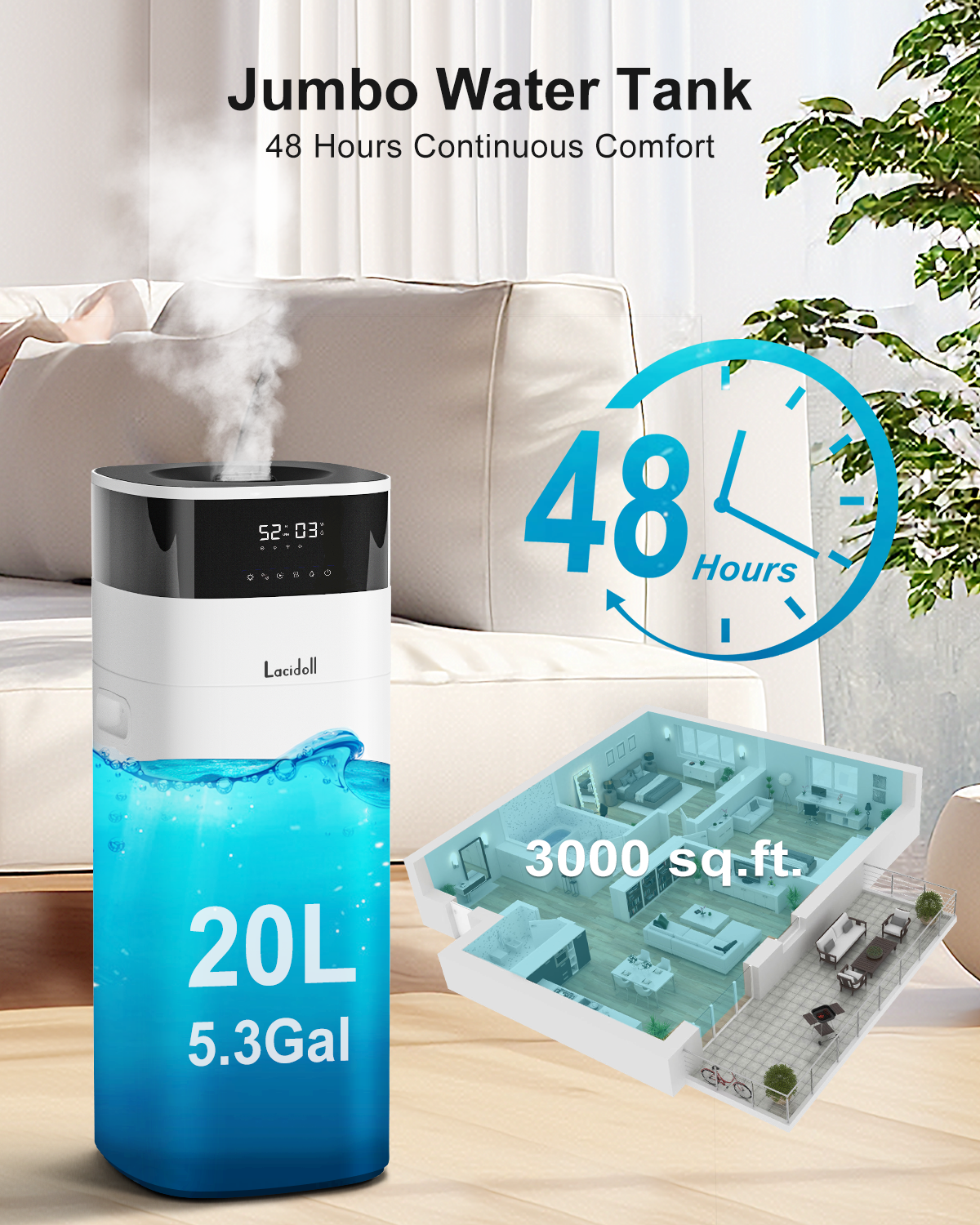 [LCD-2301J]Humidifier Large Room, 5.3Gal/20L Cool and Warm Mist Humidifiers for Home 3000 sq ft, Whole House Humidifiers with Diffuser&Extended Tube, Top Fill Humidifiers for Bedroom Baby Nursery Plants