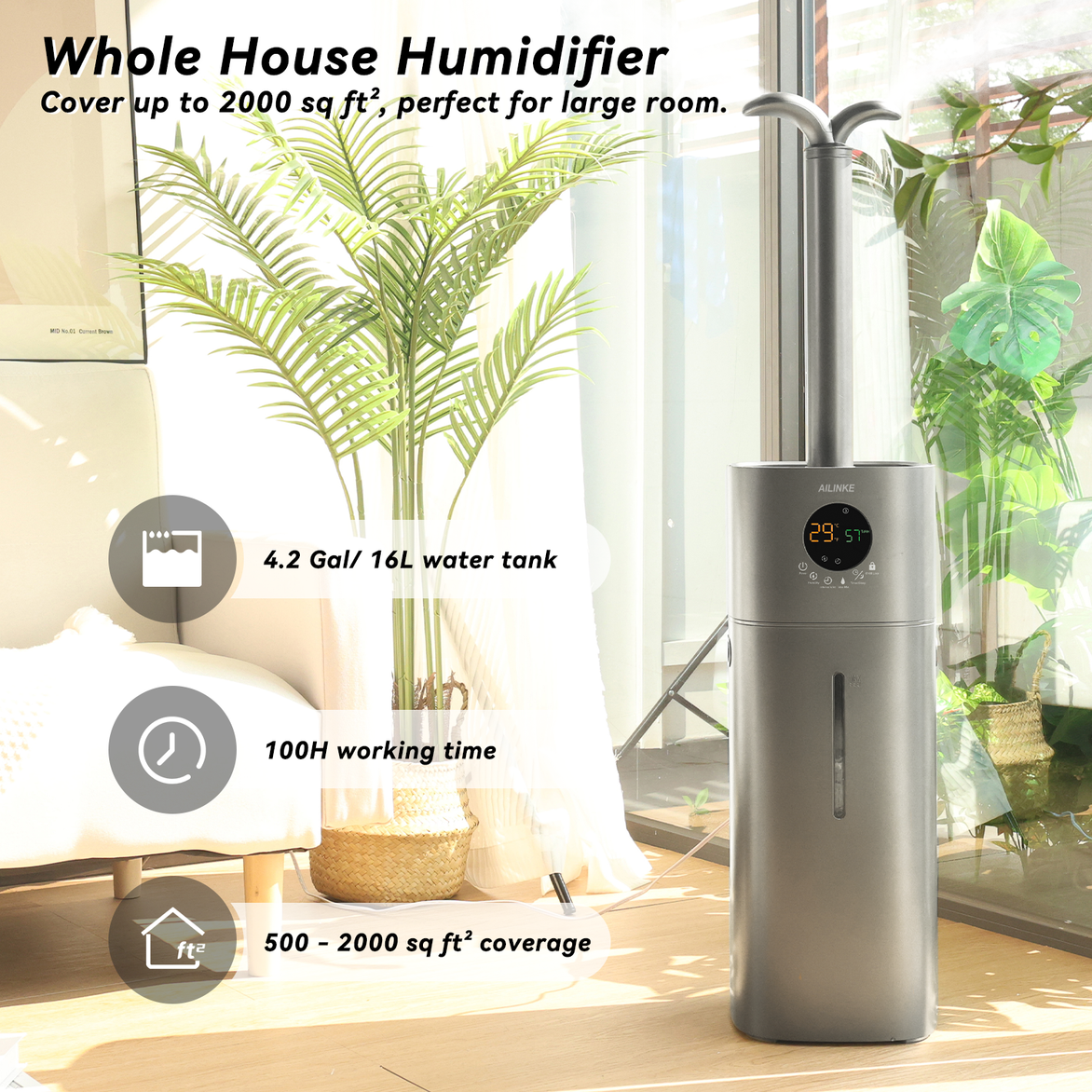 Humidifiers for Large Room Home, 4.2Gal/16L Whole House Humidifiers 2000 sq.ft.Large Ultrasonic Cool Mist Humidifier with Extension Tube for Home, Greenhouse, Office