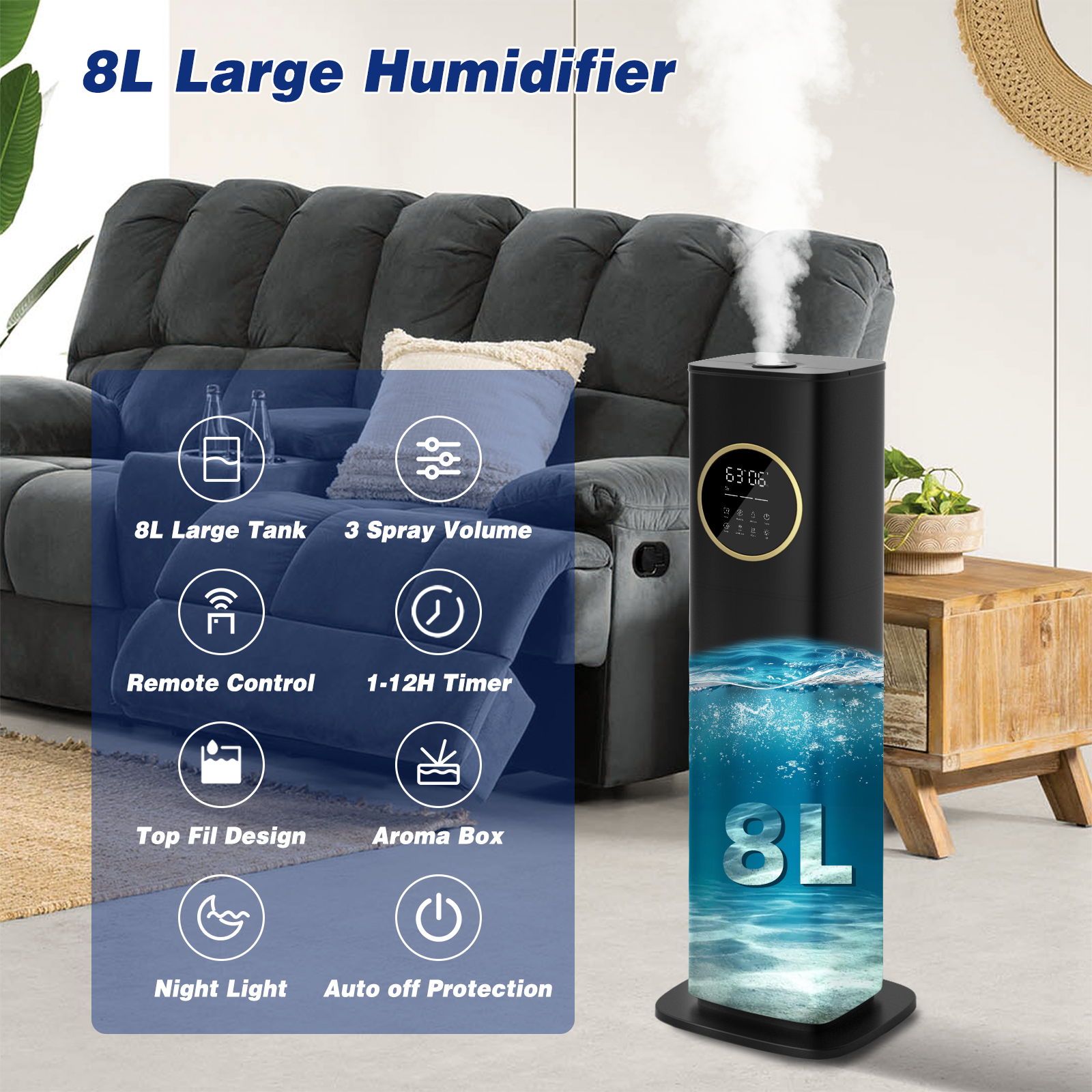 [LCD-2303A]Humidifier Large Room Bedroom with Night Light, 2.1Gal(8L) Humidifiers for Home with Essential Oil Diffuser