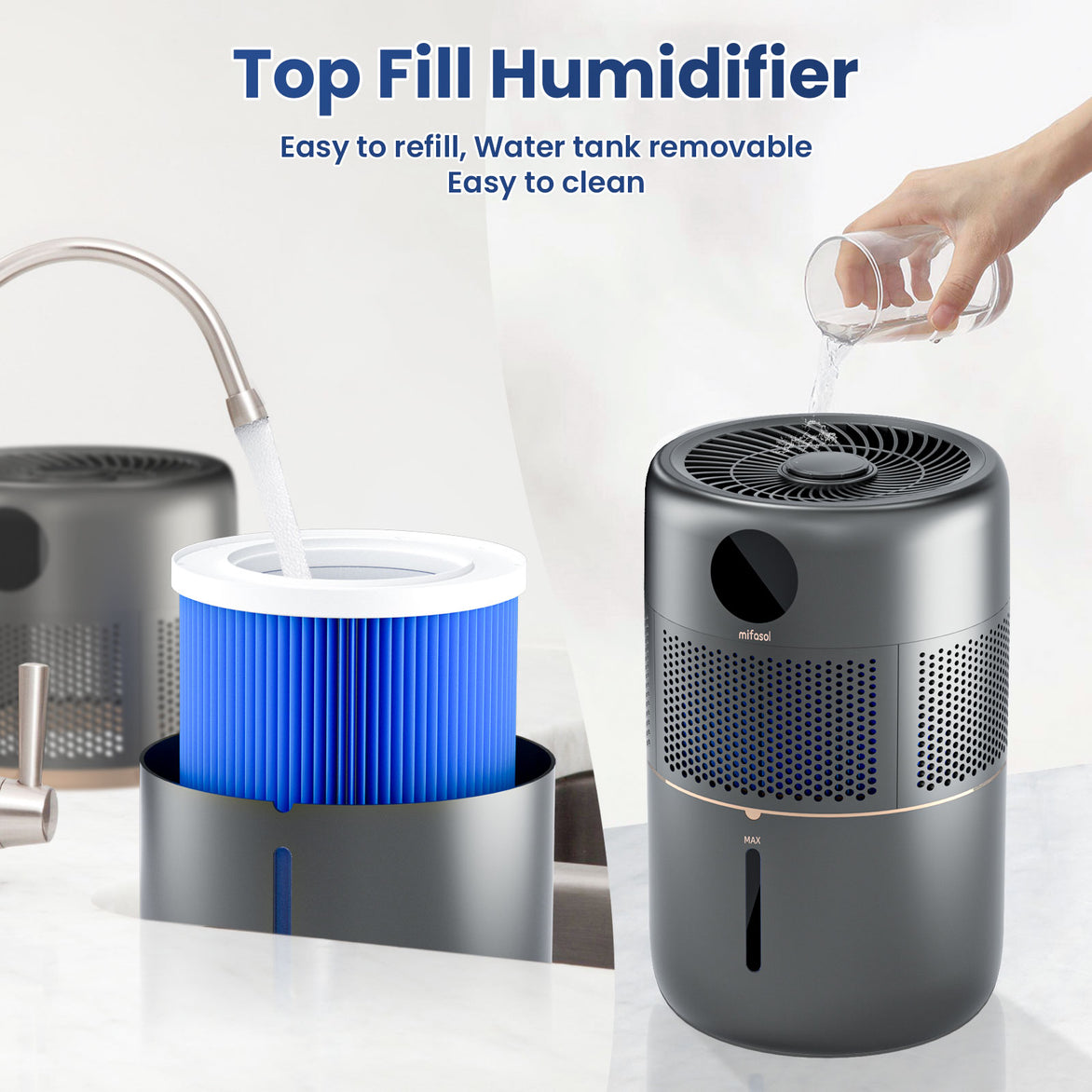 Evaporative Humidifier, 5L Large Humidifiers for Bedroom, 400 ml/h Rapid Humidifiers with Filter for Home, Quiet Sleep Mode, Humidity Setting Top Fill Humidifiers for Large Room Baby Yoga Room Plants