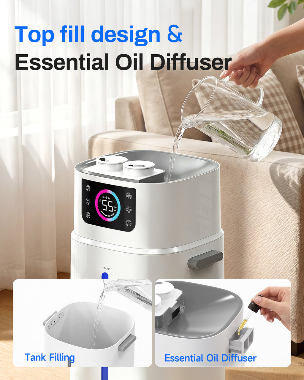 Lacidoll Humidifier for Large Room, 4.2Gal/16L Large Humidifier 1000 sq ft, Whole House Humidifier with Diffuser, Extended Tube,Easy to Clean, Top Fill, Humidifiers for Bedroom, Office, Living room