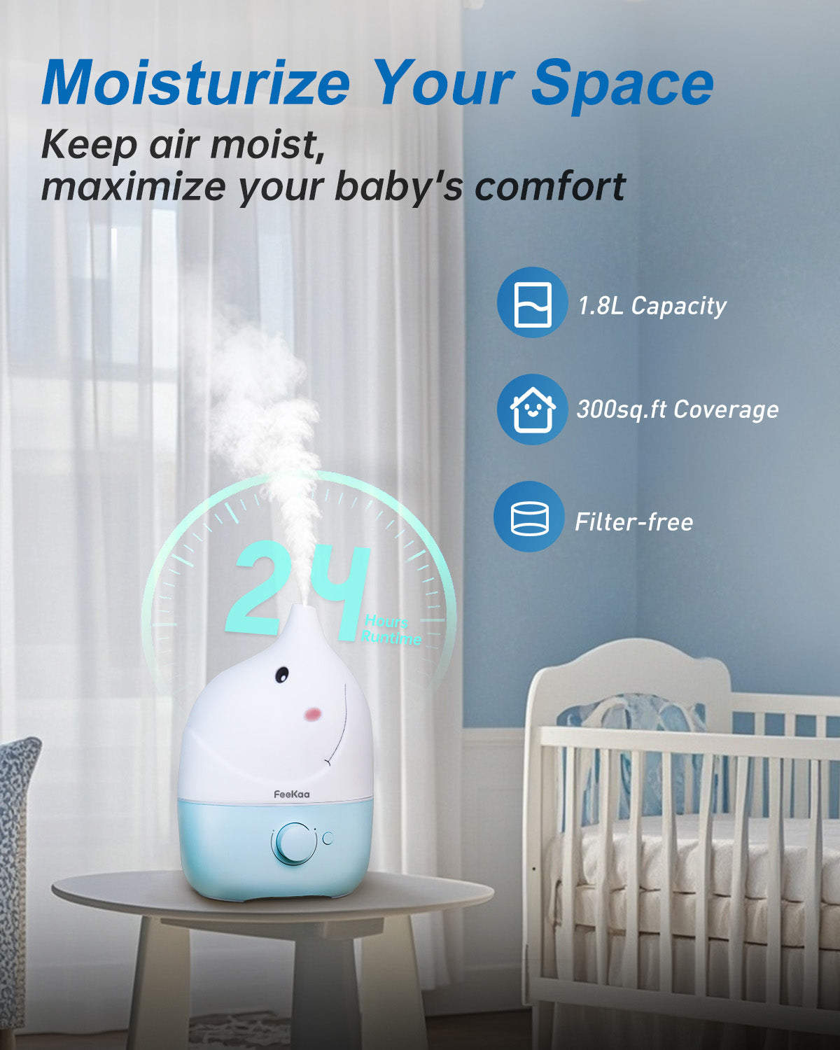 Humidifiers for Bedroom Baby 3 in 1 - Top Fill Baby Humidifier & Essential Oil Diffuser & Night Light, BPA-Free Cool Mist Air Humidifier with Cute Stickers for Kids Bedroom Nursery Plants Home