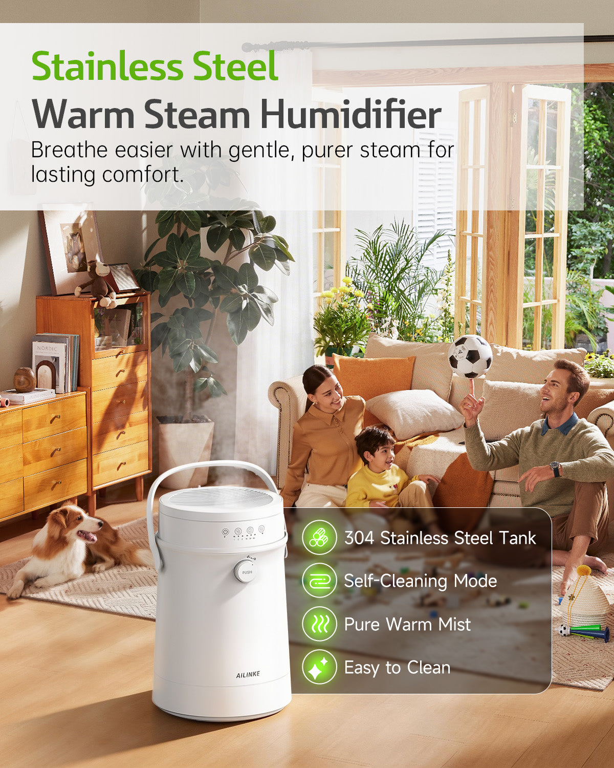 Stainless Steel Humidifier for Bedroom, Warm Mist Steam Humidifier 4L|5040