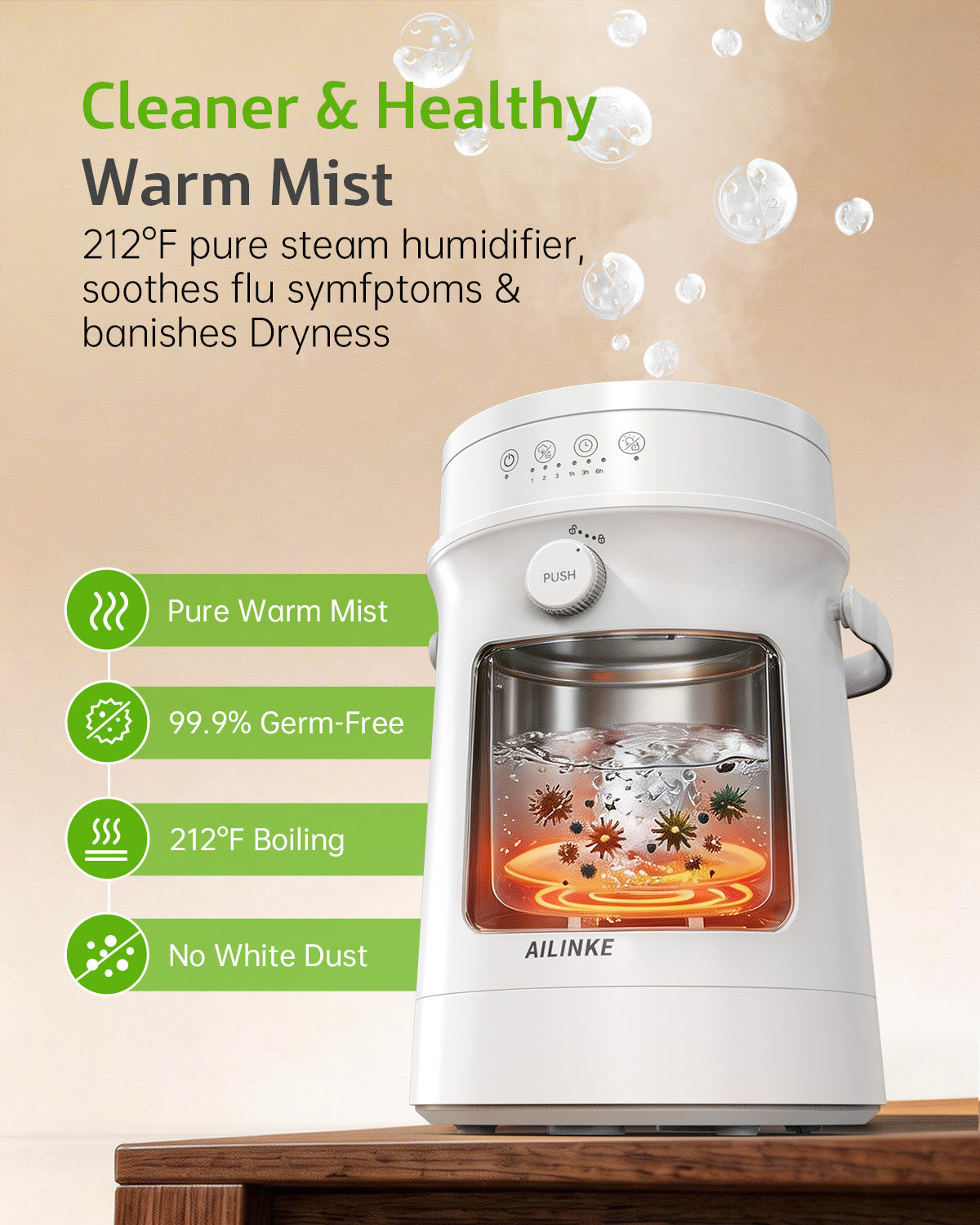 Stainless Steel Humidifier for Bedroom, Warm Mist Steam Humidifier 4L|5040