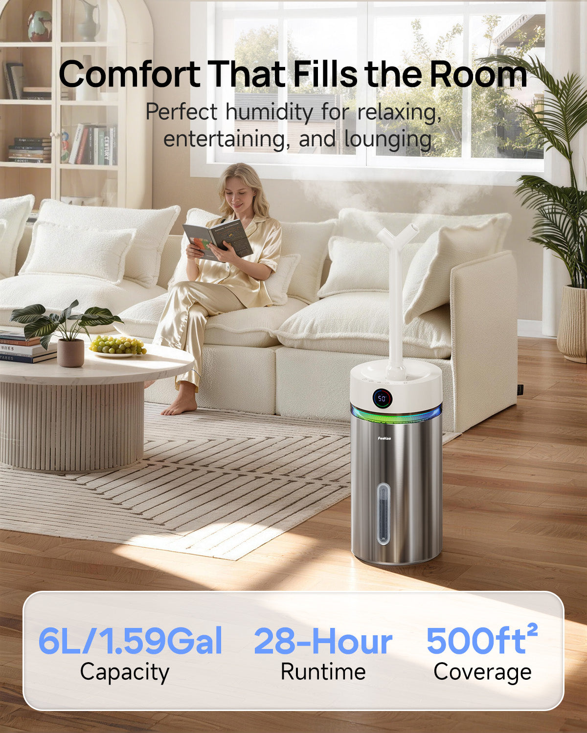 Stainless Steel Humidifier Dishwasher Safe, 6L/1.6Gal Cool Mist Humidifiers|01096