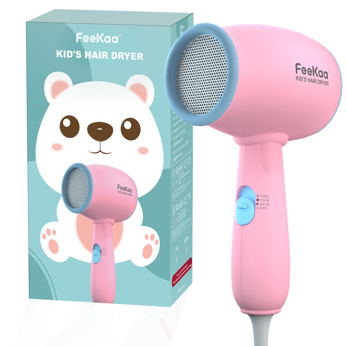 FeeKaa Kids Hair Dryer, Pink, 500 Watt, Lightweight, Gentle Heat, Safe for Kids, Anti-Scald Design