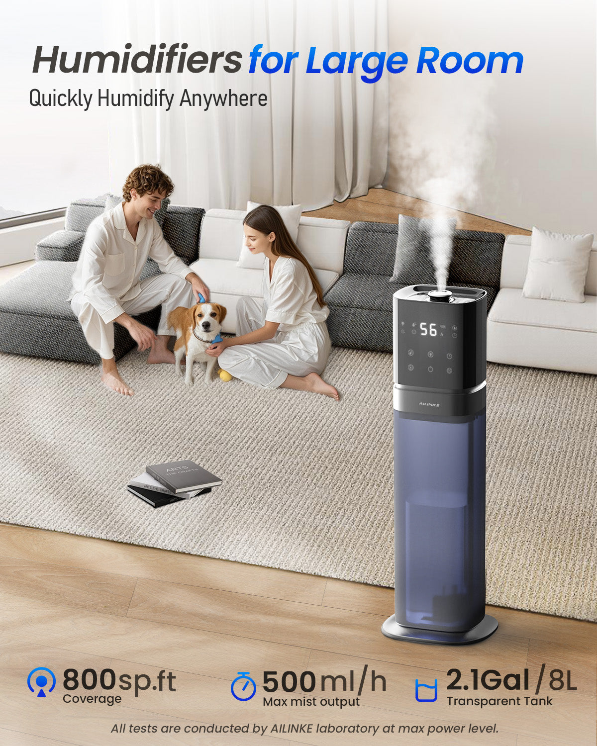 Humidifier Large Room Bedroom, Cool Mist Humidifiers for Home Bedroom with Extended Tube, Room Cool Mist Humidifier with Night Light, School, Office, Warehouse, 2.1Gal/8L