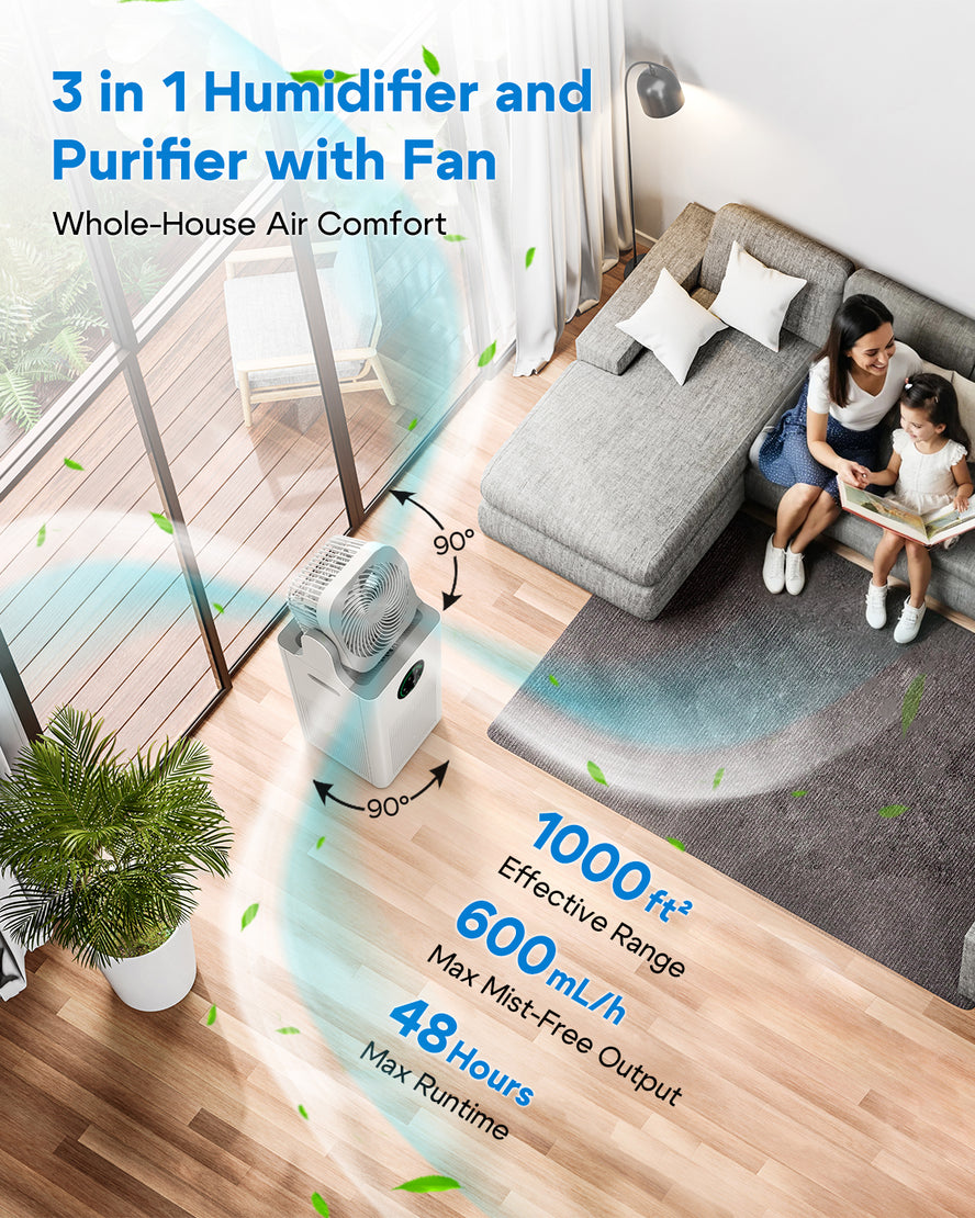 Humidifier and Purifier in One - Purifier and Humidifier Combo with Oscillating Fan, Evaporative Large Room Humidifier for Bedroom, Sleep Mode, Timer, Baby Adults Office Yoga Plants, White, 4L