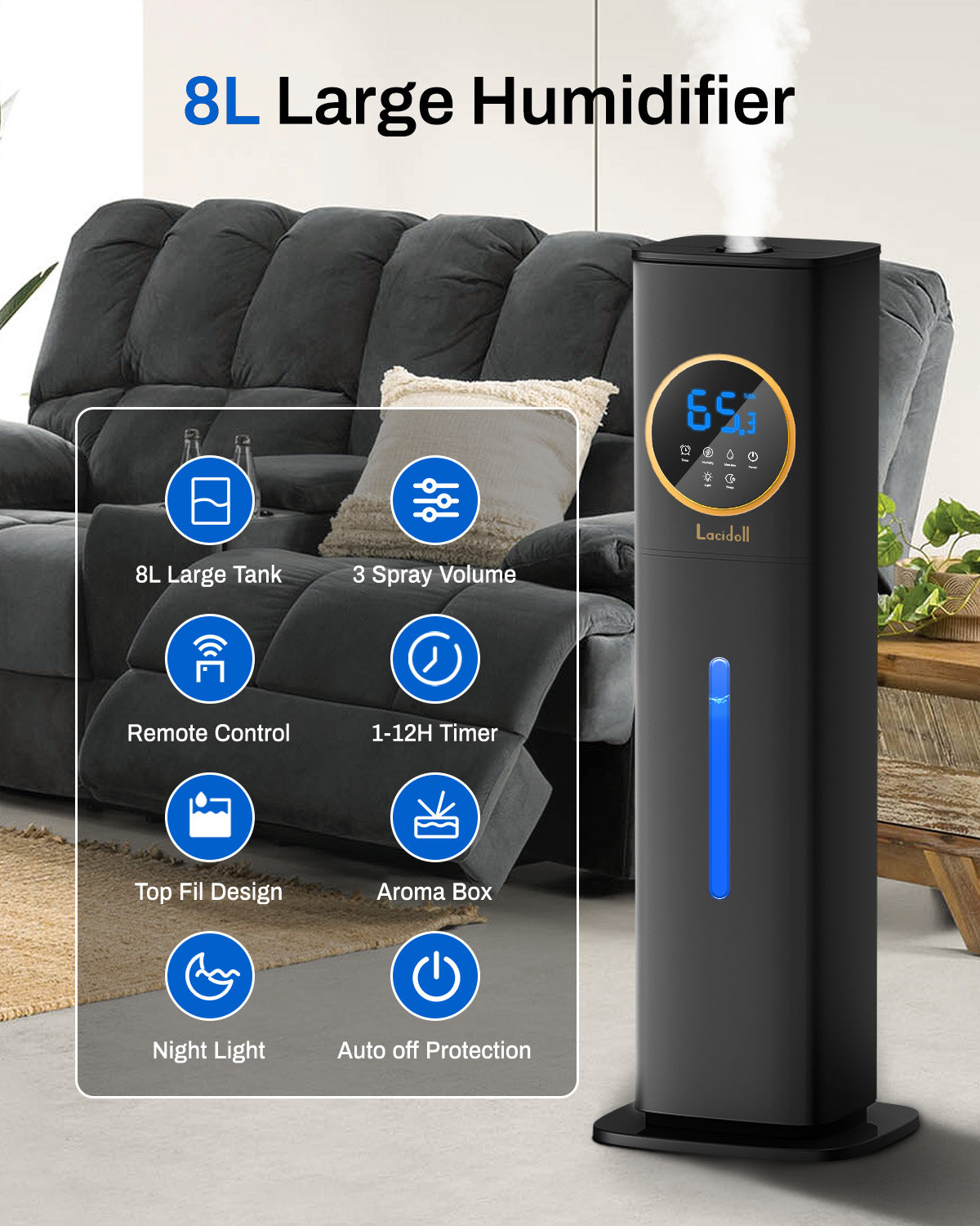 2.1 Gal Bedroom Humidifier with Night Light | 2303A | LACIDOLL