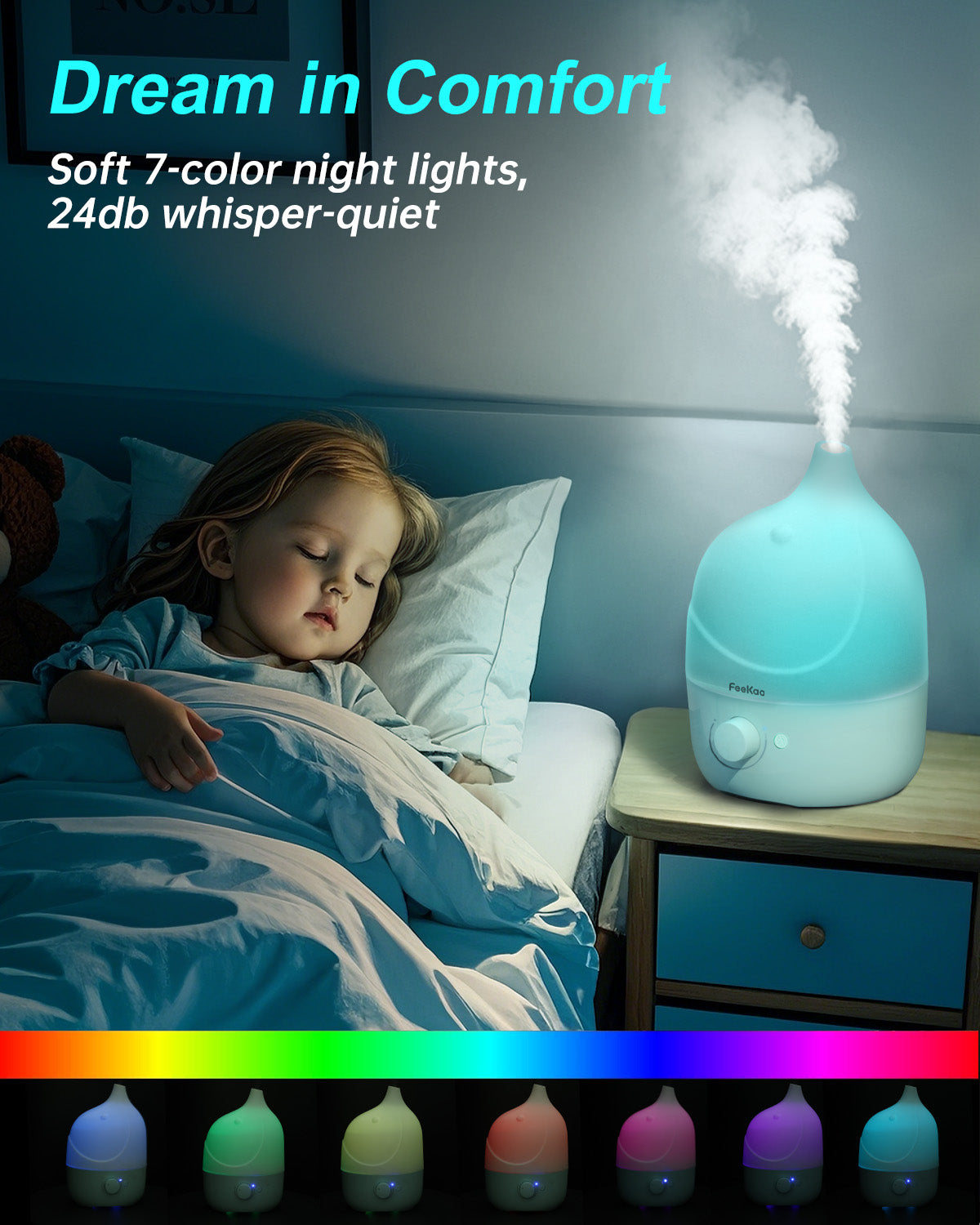 Humidifiers for Bedroom Baby 3 in 1 - Top Fill Baby Humidifier & Essential Oil Diffuser & Night Light, BPA-Free Cool Mist Air Humidifier with Cute Stickers for Kids Bedroom Nursery Plants Home