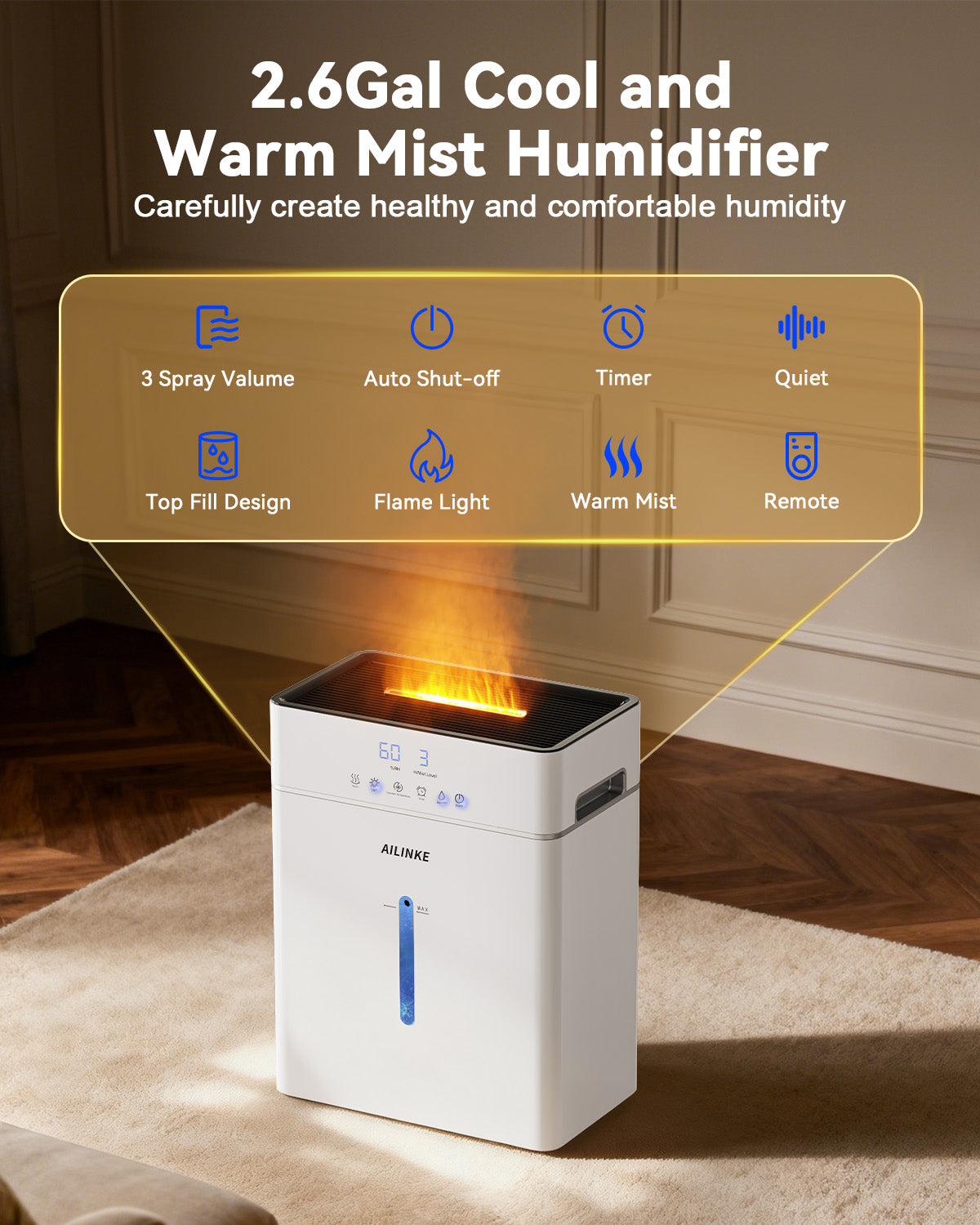 Humidifier Large Room 10L/2.64Gal | Warm &amp; Cool Mist | Flame Light Effect| 2109