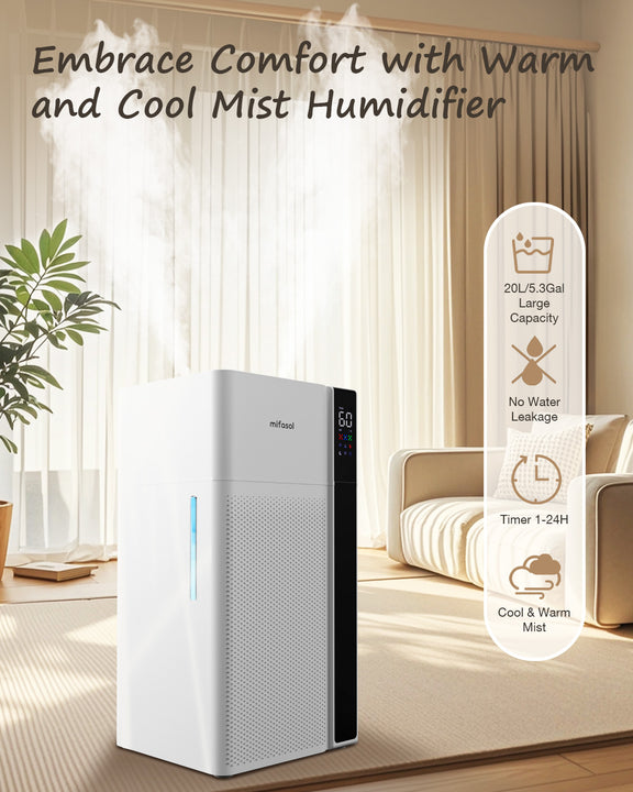 [LCD-J18]Warm and Cool Mist Humidifier Large Room, 5.3Gal/20L Room Humidifiers for Home, Quickly & Evenly Humidify Whole House, Top Fill, Dual Mist Nozzles and Atomizers, Baby Office Plants, White