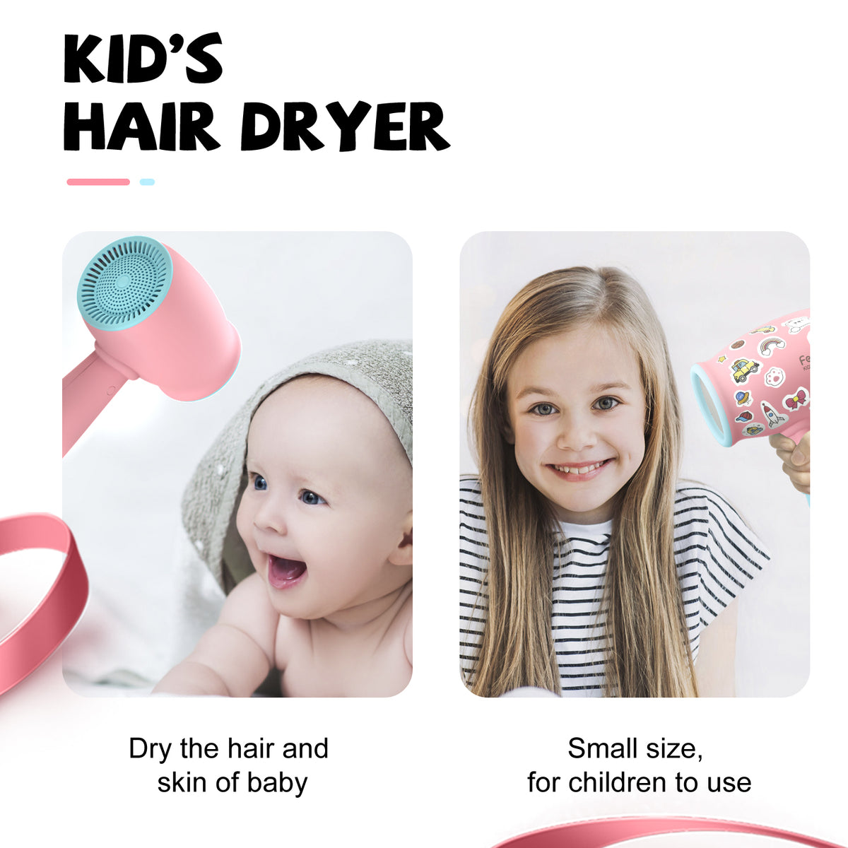 FeeKaa Kids Hair Dryer, Pink, 500 Watt, Lightweight, Gentle Heat, Safe for Kids, Anti-Scald Design