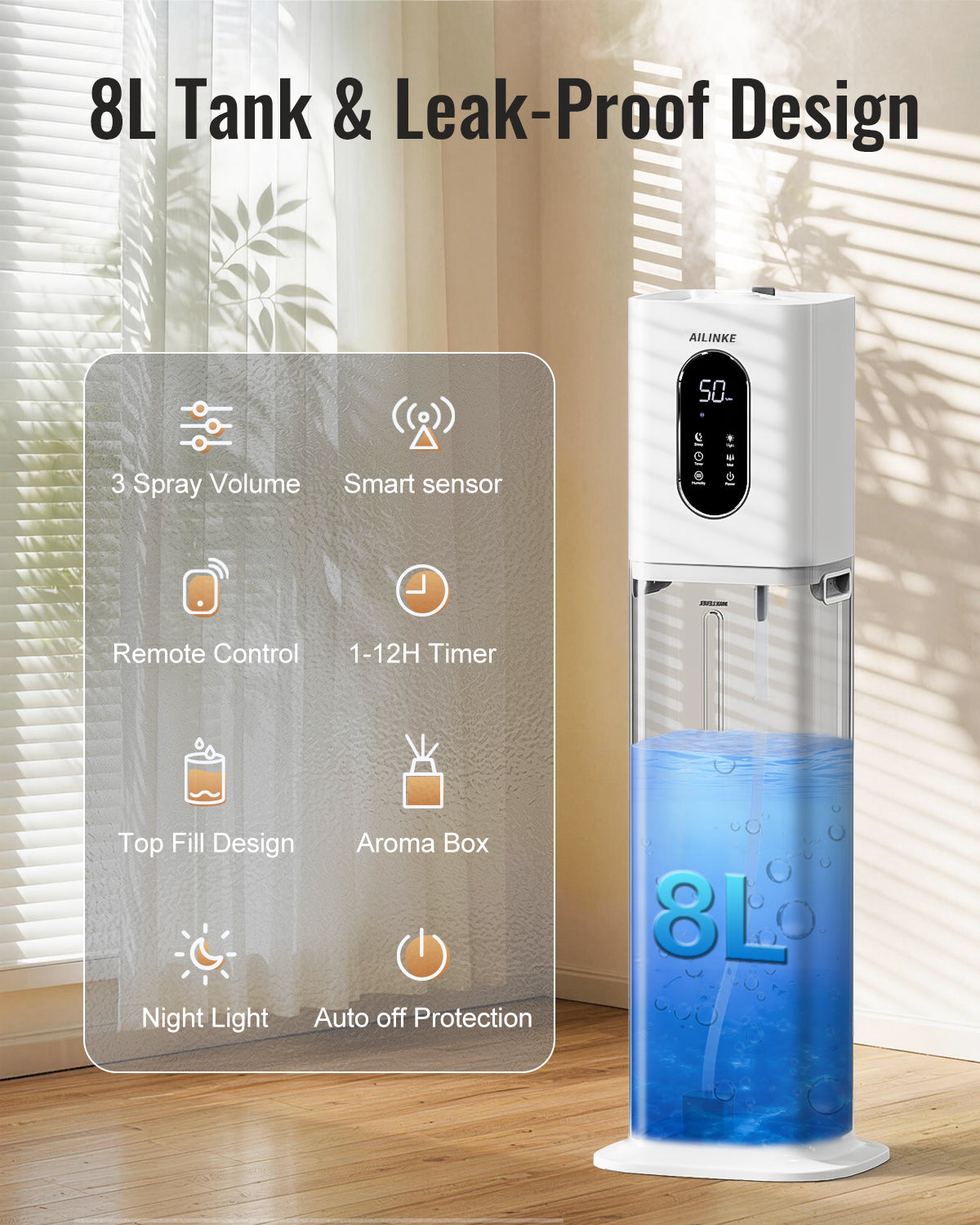 Humidifier Large Room Bedroom with Night Light, 2.1Gal(8L)|033C