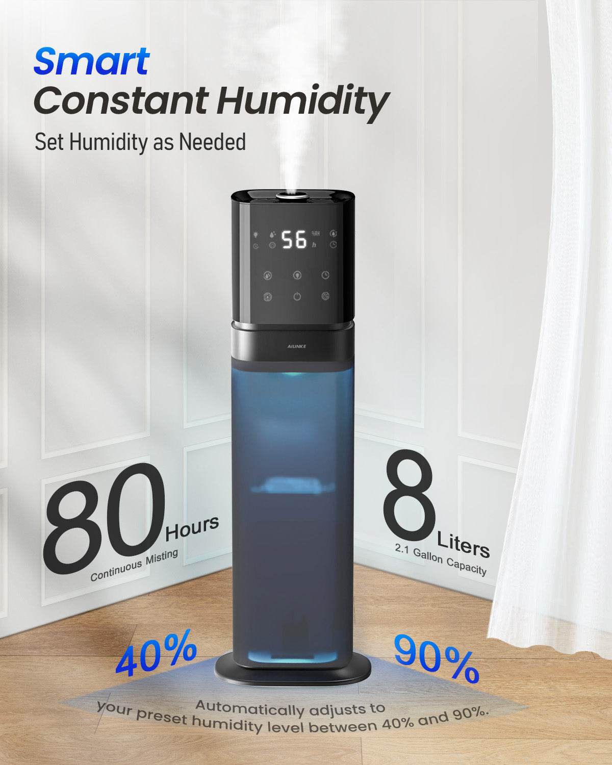 Humidifier Large Room Bedroom, Cool Mist Humidifiers for Home Bedroom with Extended Tube, Room Cool Mist Humidifier with Night Light, School, Office, Warehouse, 2.1Gal/8L