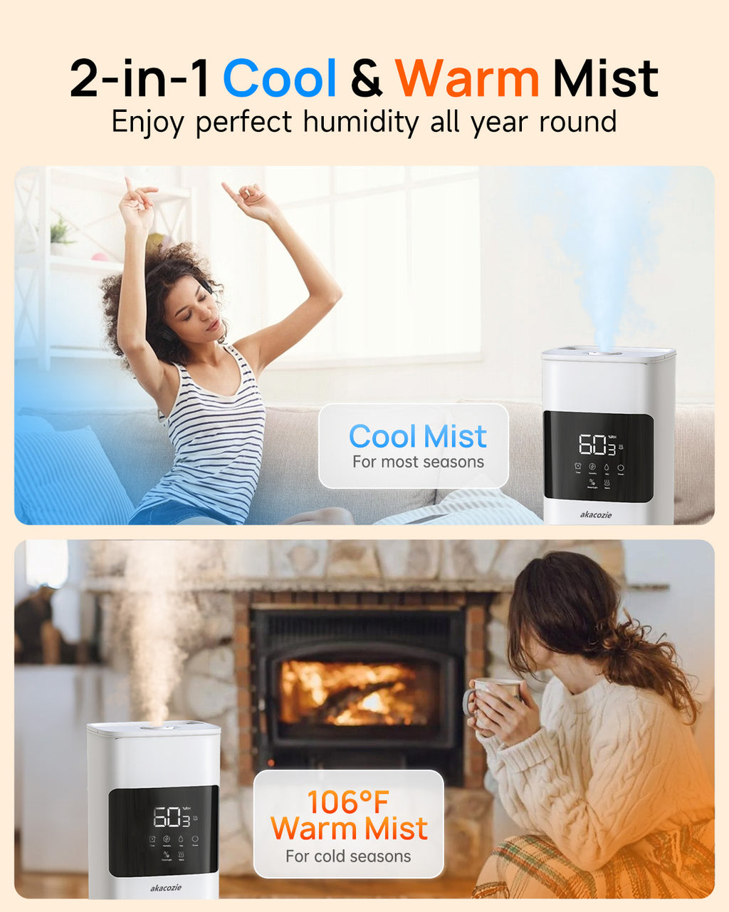 2.1Gal/8L Cool & Warm Mist Humidifier for Room Home, Top-Fill with Essential Oil Diffuser