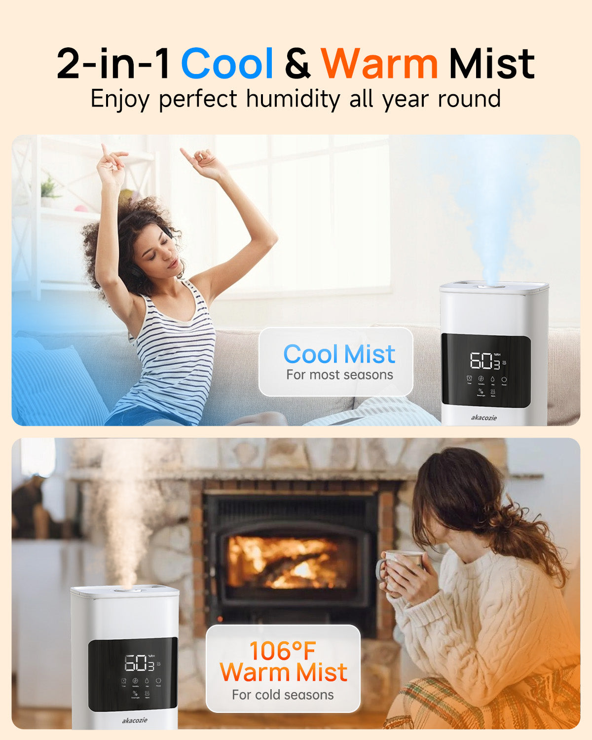 2.1Gal/8L Cool & Warm Mist Humidifier for Room Home, Top-Fill with Essential Oil Diffuser