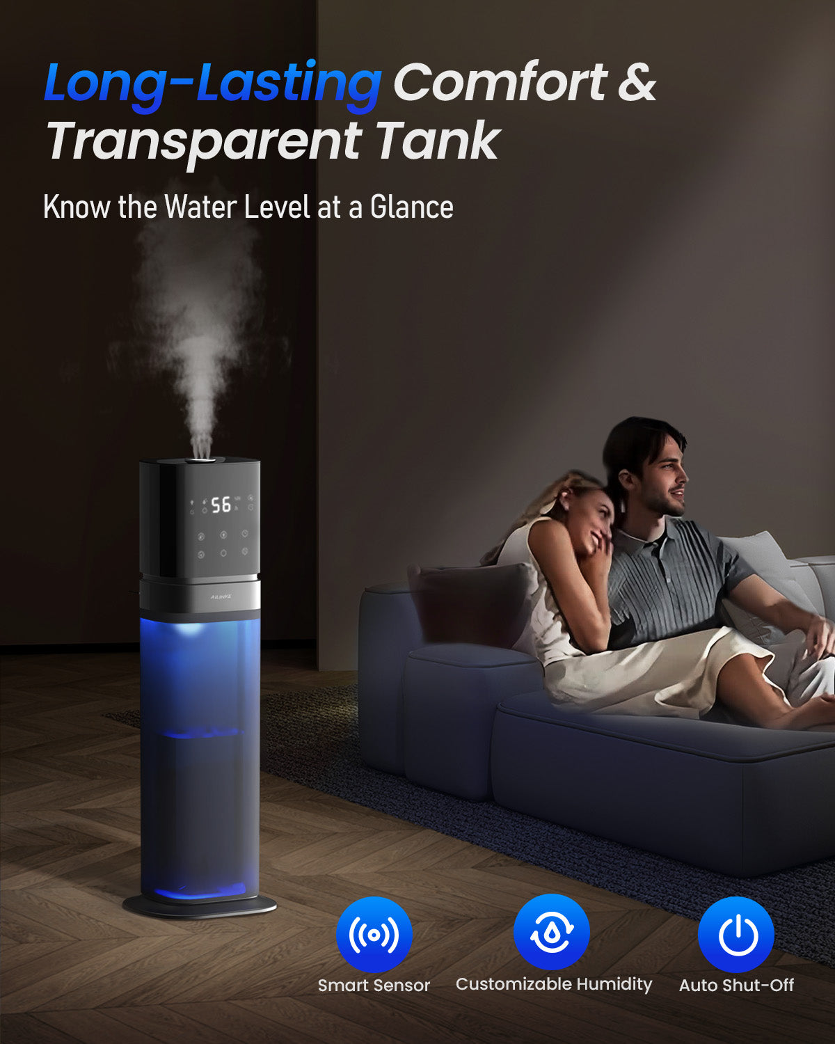 Humidifier Large Room Bedroom, Cool Mist Humidifiers for Home Bedroom with Extended Tube, Room Cool Mist Humidifier with Night Light, School, Office, Warehouse, 2.1Gal/8L