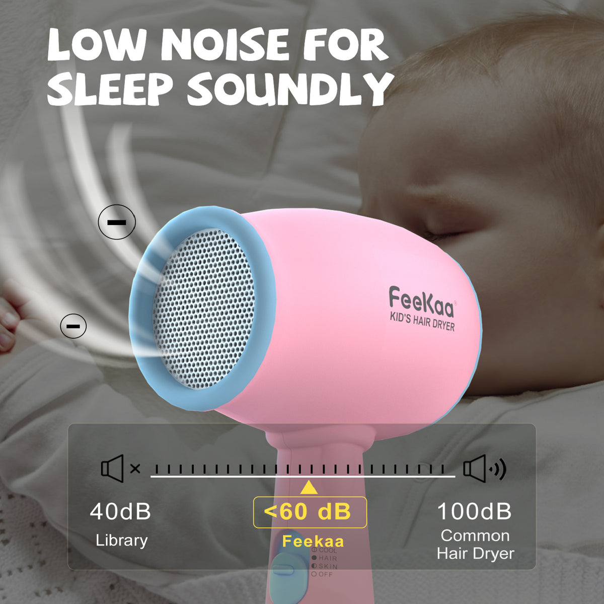 FeeKaa Kids Hair Dryer, Pink, 500 Watt, Lightweight, Gentle Heat, Safe for Kids, Anti-Scald Design