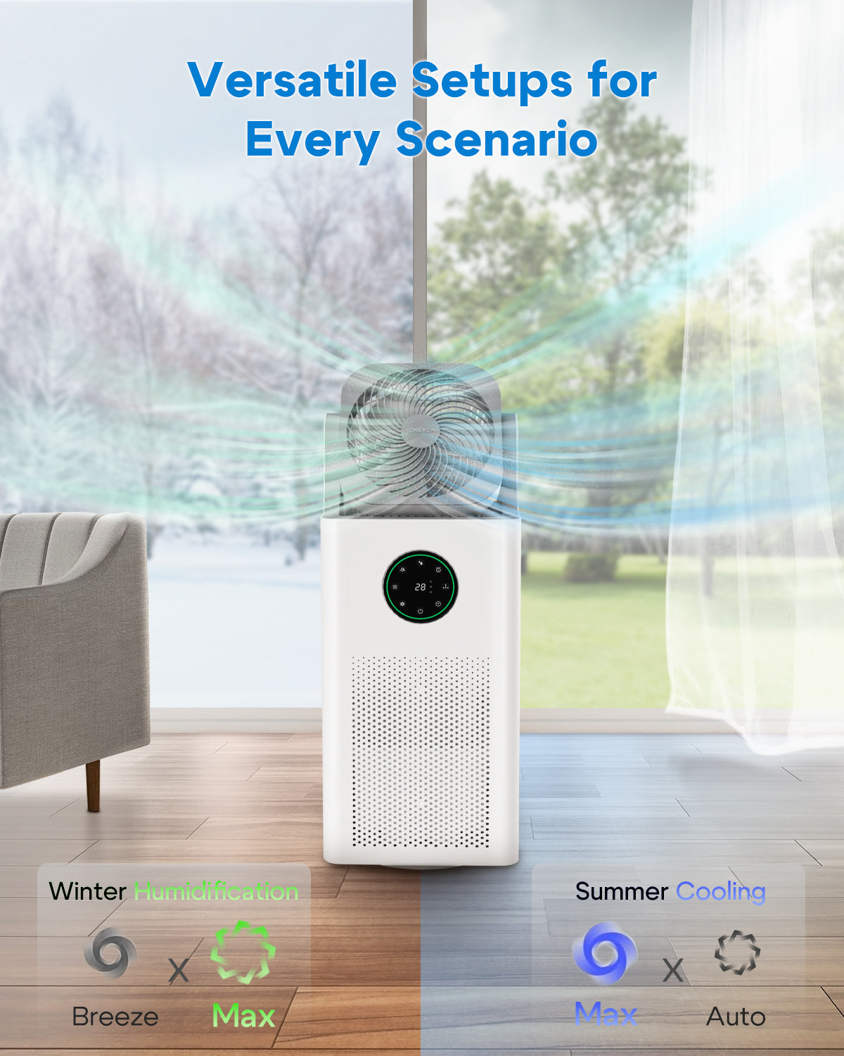 Humidifier and Purifier in One - Purifier and Humidifier Combo with Oscillating Fan, Evaporative Large Room Humidifier for Bedroom, Sleep Mode, Timer, Baby Adults Office Yoga Plants, White, 4L