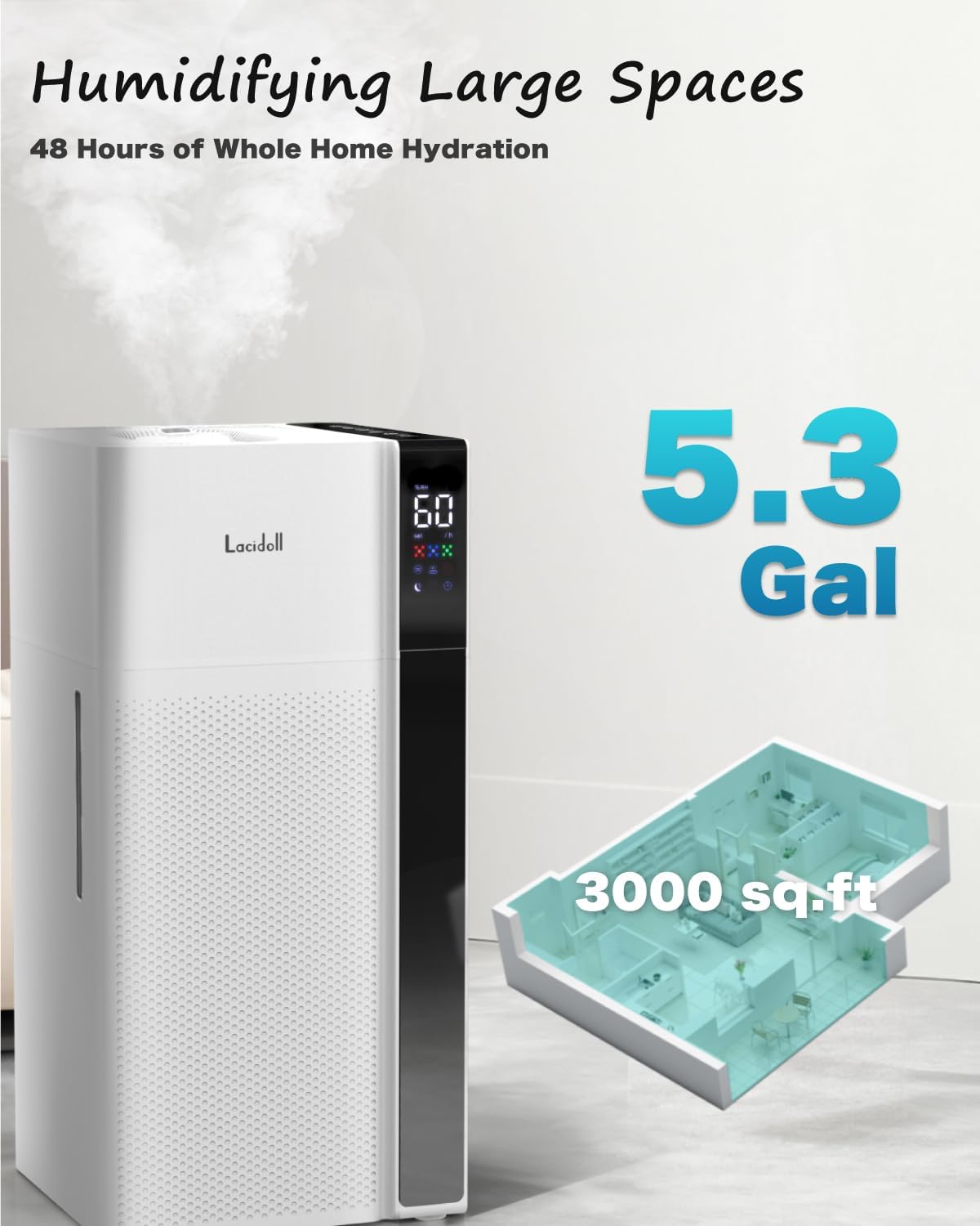 [LCD-J18]Warm and Cool Mist Humidifier Large Room, 5.3Gal/20L Room Humidifiers for Home, Quickly & Evenly Humidify Whole House, Top Fill, Dual Mist Nozzles and Atomizers, Baby Office Plants, White