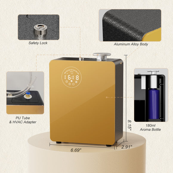 [LCD-X200]Smart Waterless Diffuser - Scent Air Machine for Home & Commercial Use, Covers 3000 sq. ft., Nebulizing HVAC or Portable Large Room Waterless Diffusers, Touch & Bluetooth Control, Metal, Golden