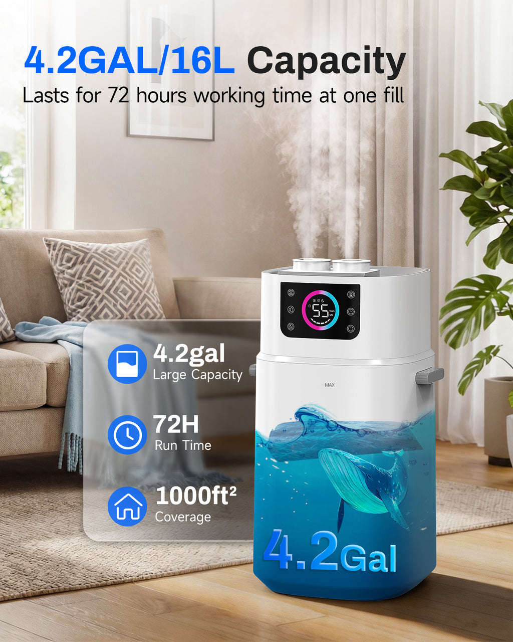 Lacidoll Humidifier for Large Room, 4.2Gal/16L Large Humidifier 1000 sq ft, Whole House Humidifier with Diffuser, Extended Tube,Easy to Clean, Top Fill, Humidifiers for Bedroom, Office, Living room