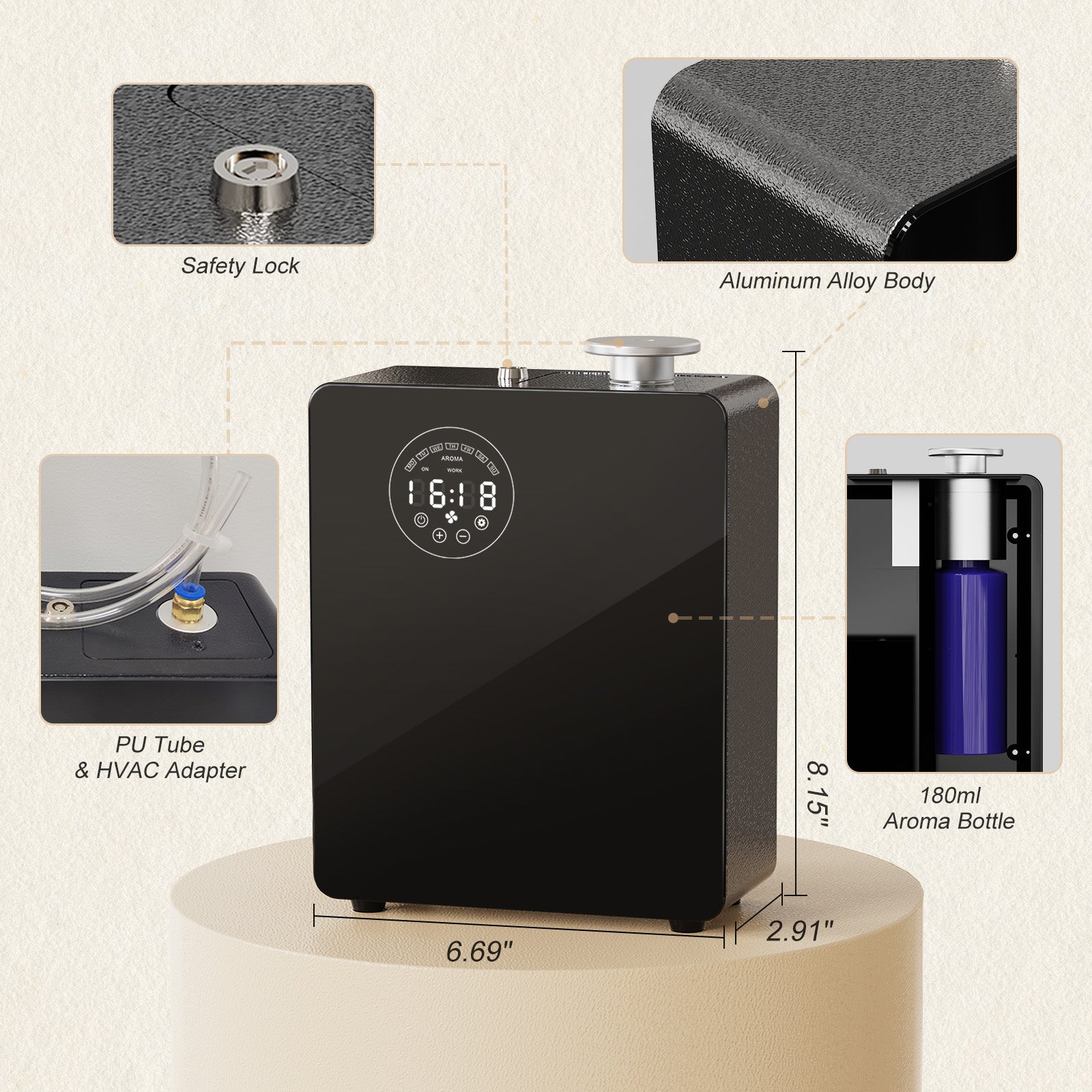 [LCD-X200-B] Diffuseur intelligent sans eau - Machine à parfumer pour usage domestique et commercial, couvre 3000 pi², nébuliseur CVC ou diffuseurs portables sans eau pour grandes pièces, commande tactile et Bluetooth, métal, noir