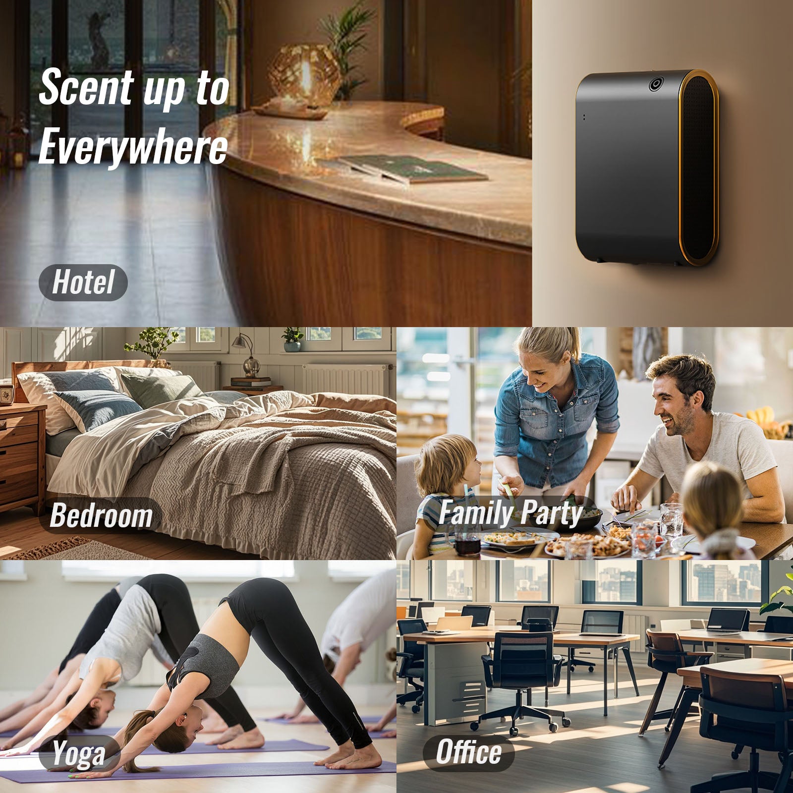 Diffuseur d'huiles essentielles sans eau Bluetooth avec technologie d'air froid, 350 ml, 1 500 pi², pour grande pièce, bureau, spa, noir