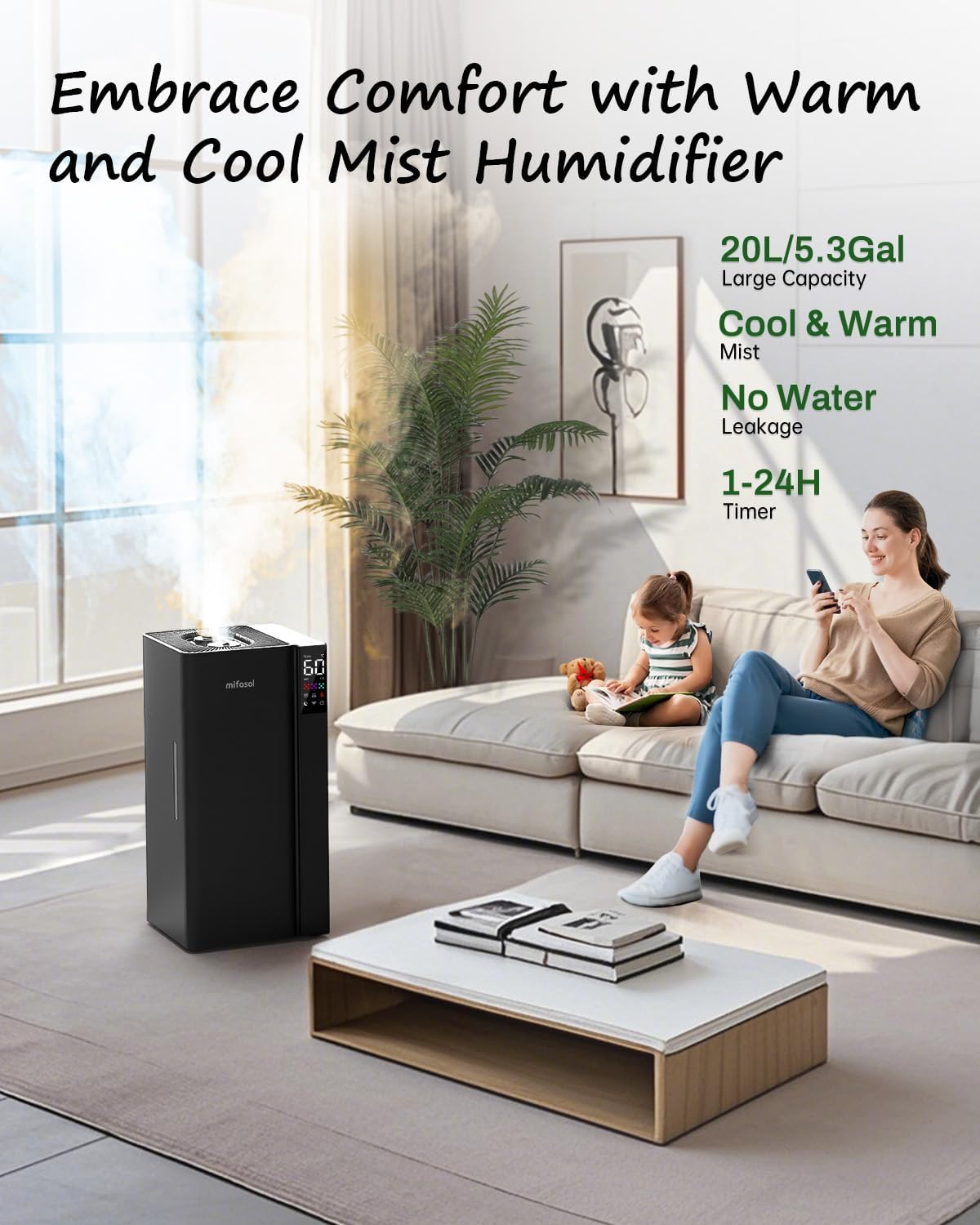 [LCD-J18]Cool Mist andWarm Humidifier Large Room, 5.3Gal/20L Whole House Humidifiers for Home, Quickly & Evenly Humidify Larger Areas, Top Fill, Dual Mist Nozzles and Atomizers, Office Plants, Black