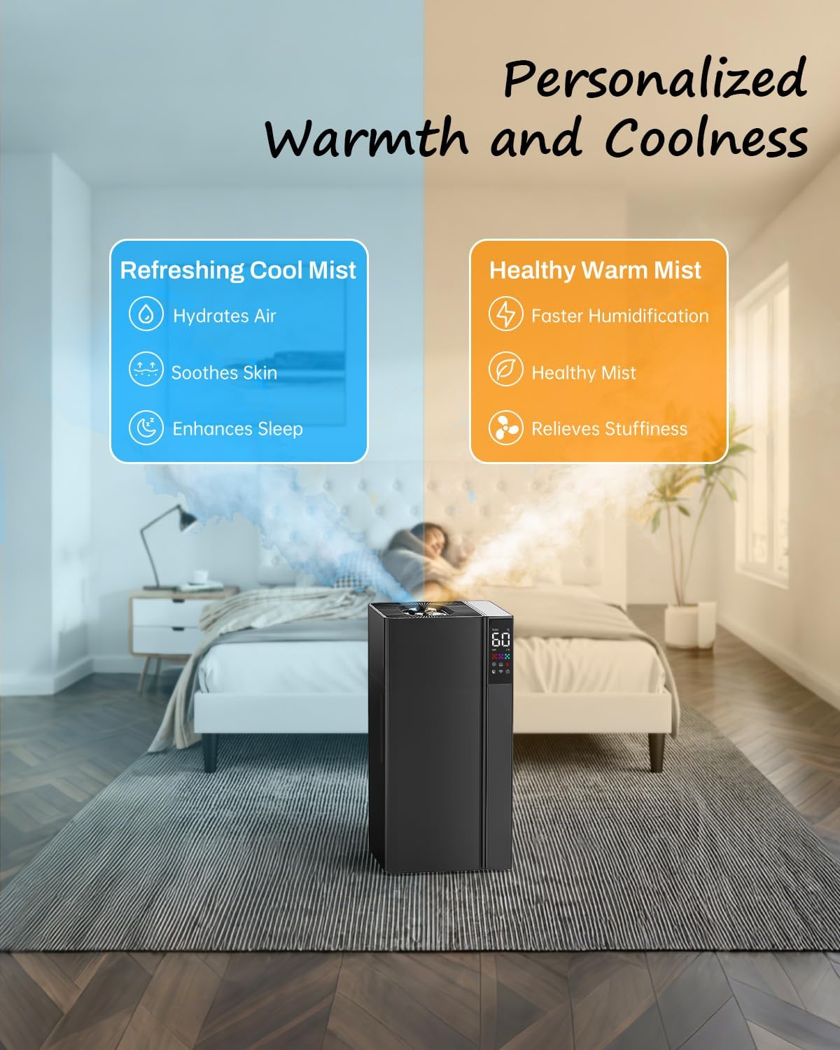 [LCD-J18]Cool Mist andWarm Humidifier Large Room, 5.3Gal/20L Whole House Humidifiers for Home, Quickly & Evenly Humidify Larger Areas, Top Fill, Dual Mist Nozzles and Atomizers, Office Plants, Black