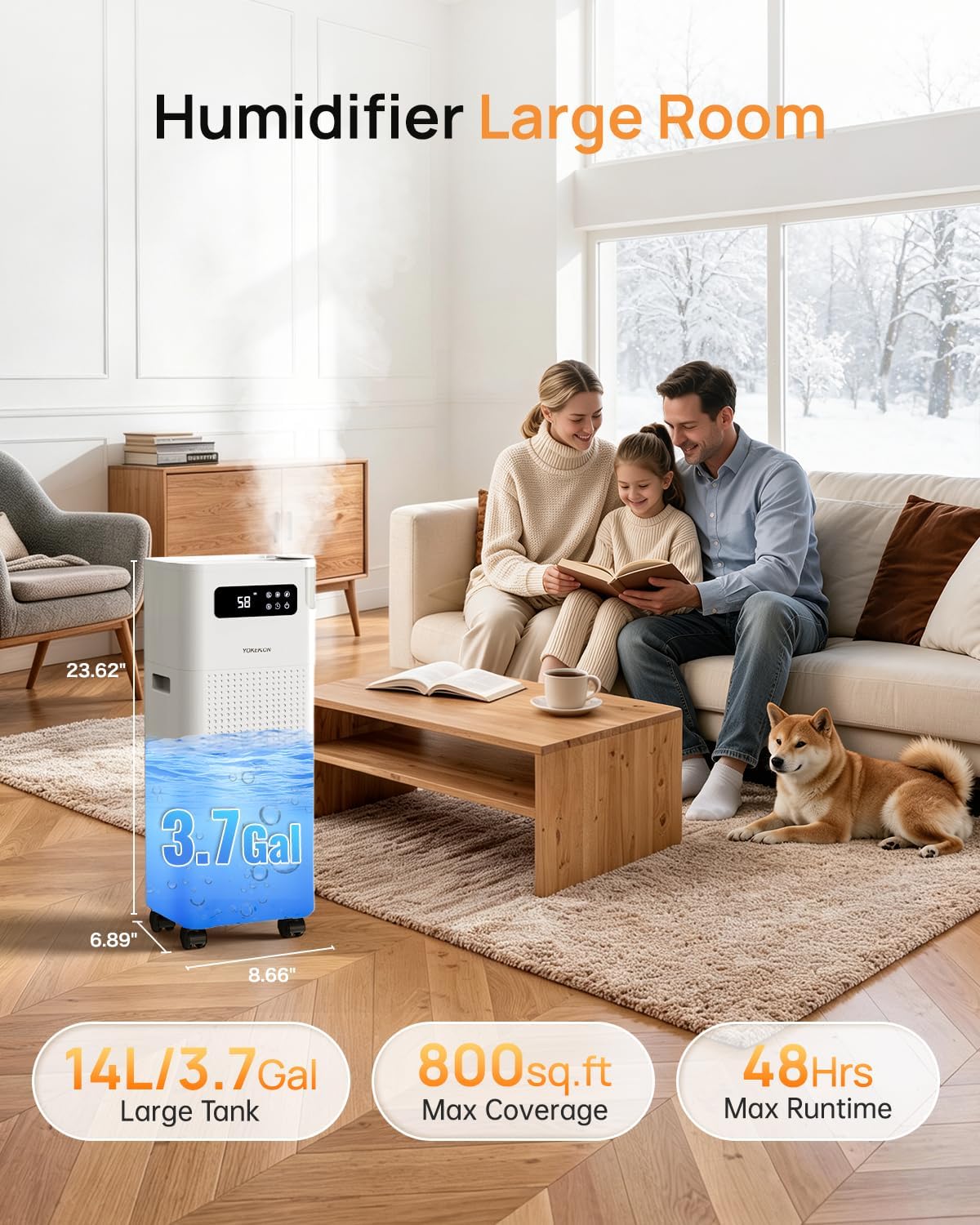 3.7Gal/14L Humidifier Large Room Whole House 800ft² Coverage,White | K75