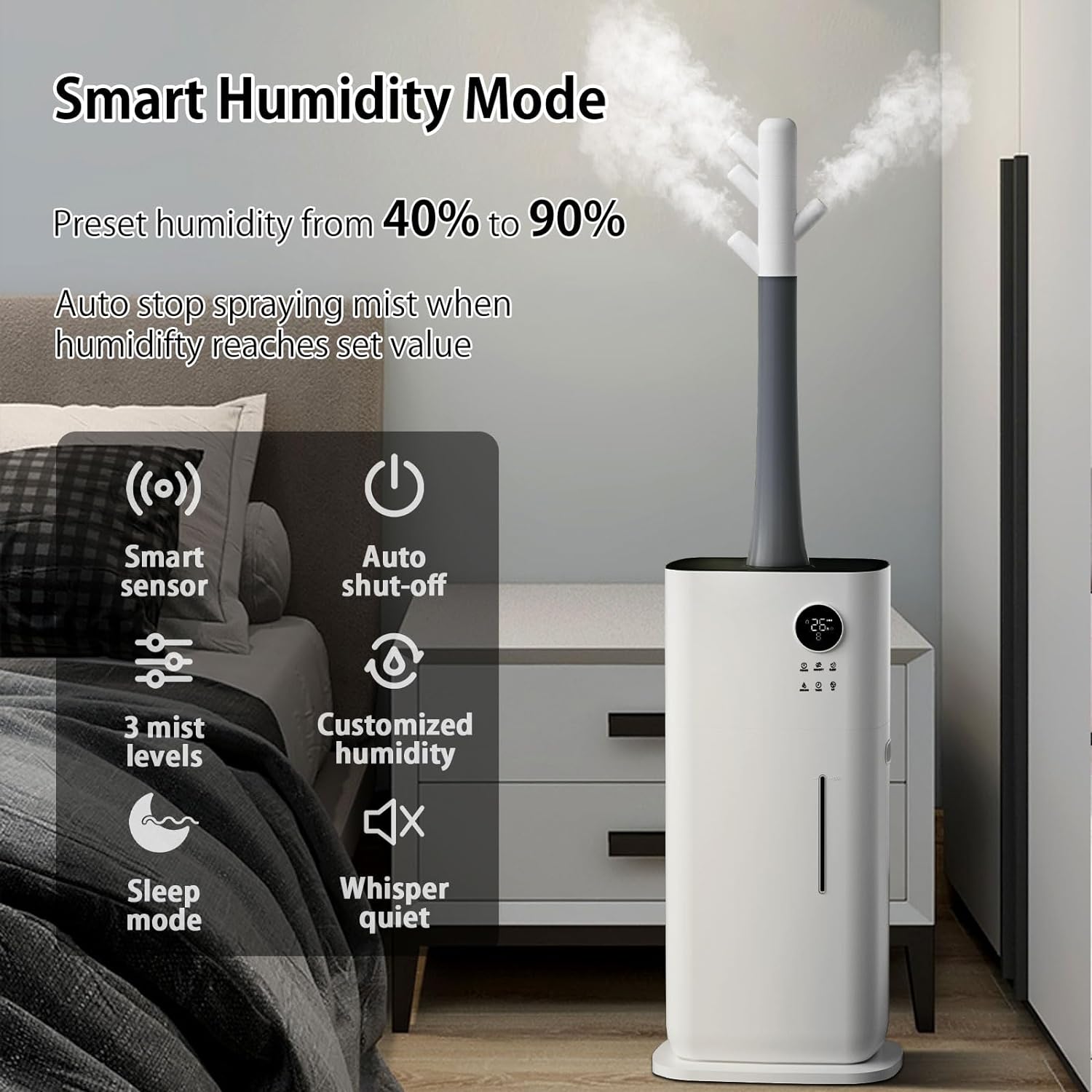 [MH-2118]Large Humidifiers 5.3Gal/20L Humidifiers for Large Room 2000 Sq Ft, Branch Tube Design with 360° Nozzle Sets, 3 Speed Humidifier with Humidistat
