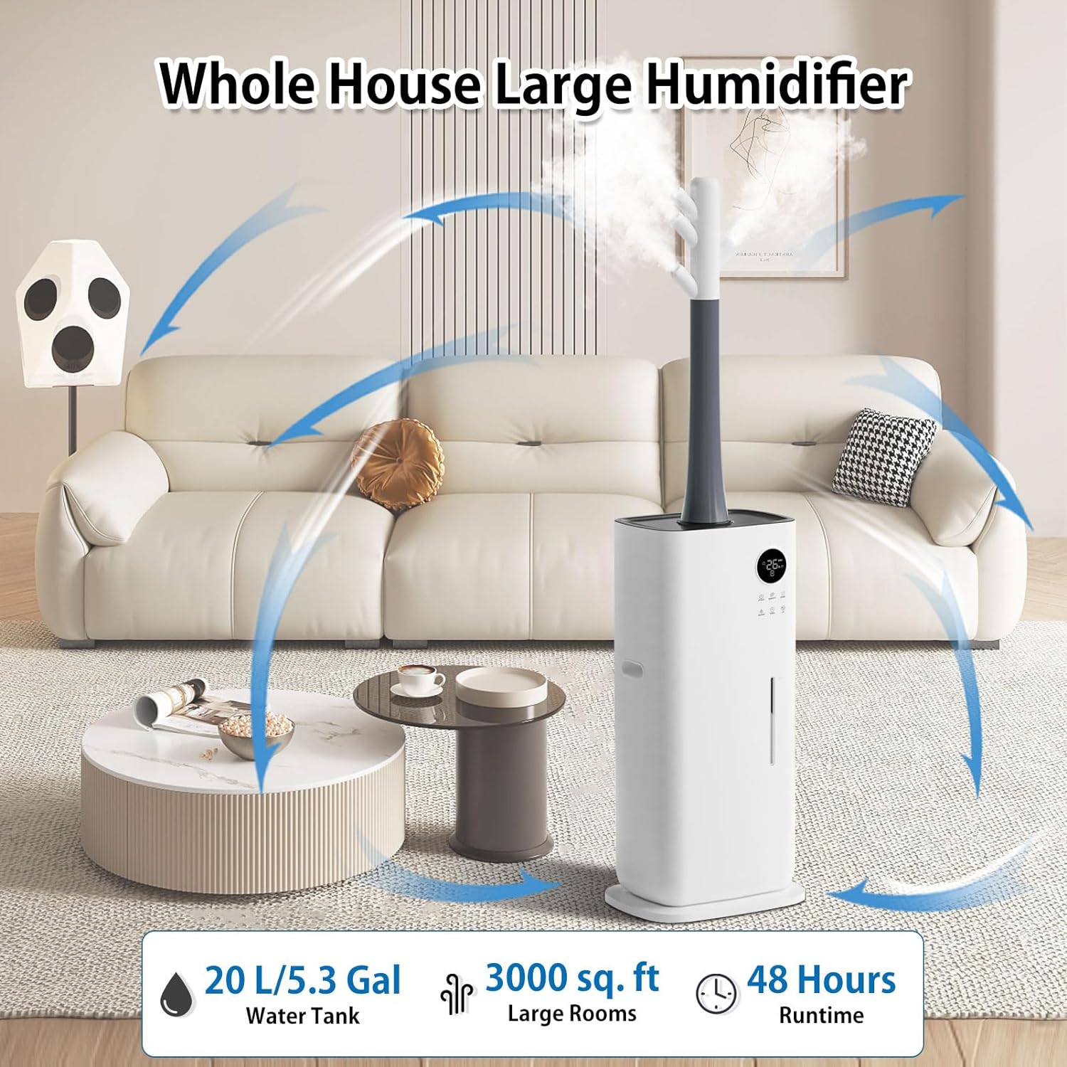 [MH-2118]Large Humidifiers 5.3Gal/20L Humidifiers for Large Room 2000 Sq Ft, Branch Tube Design with 360° Nozzle Sets, 3 Speed Humidifier with Humidistat