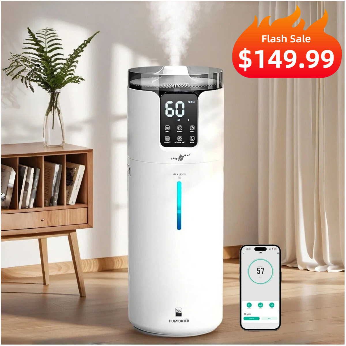 4.2Gal/16L Smart Humidifier for Large Room | APP & Voice Control | Whole House Cool Mist | J19WIFI