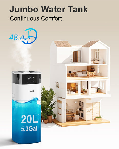 [LCD-2301J]Humidifier Large Room, 5.3Gal/20L Cool and Warm Mist Humidifiers for Home 3000 sq ft, Whole House Humidifiers with Diffuser&Extended Tube, Top Fill Humidifiers for Bedroom Baby Nursery Plants