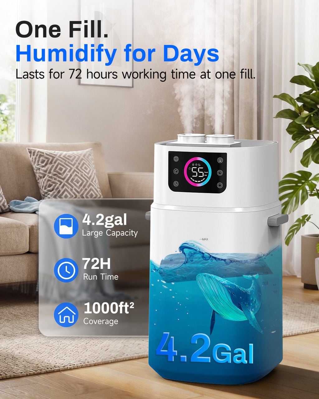 Lacidoll 4.2Gal Humidifier Large Room, Cool Mist & Easy Clean, Bedroom | JS02
