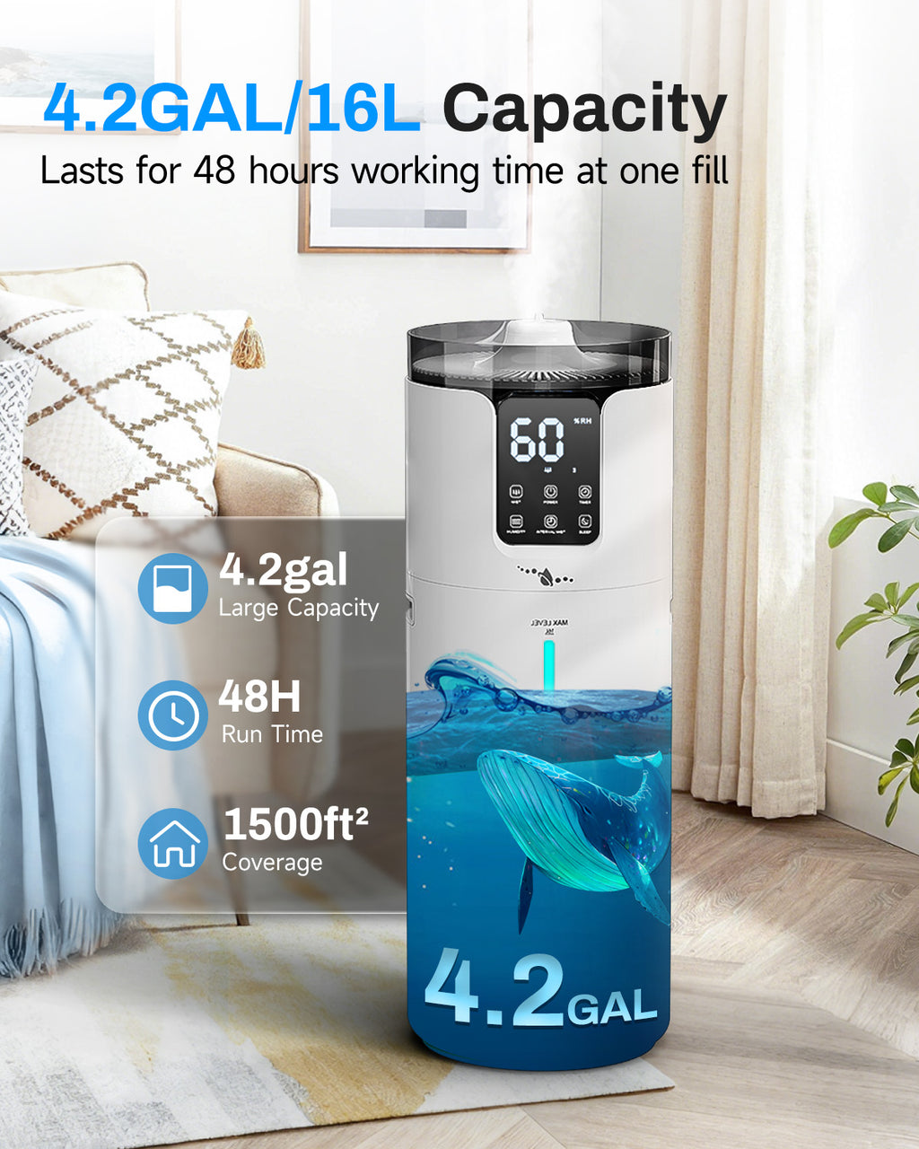 4.2 Gal Cool Mist Humidifier, Quiet & Smart | J19 | LACIDOLL