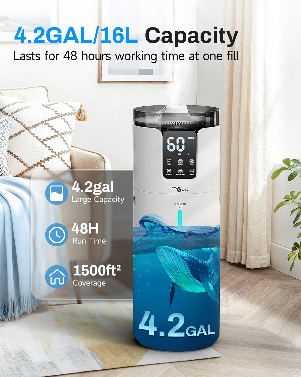 Large Room Humidifier 4.2Gal | Whole House Cool Mist