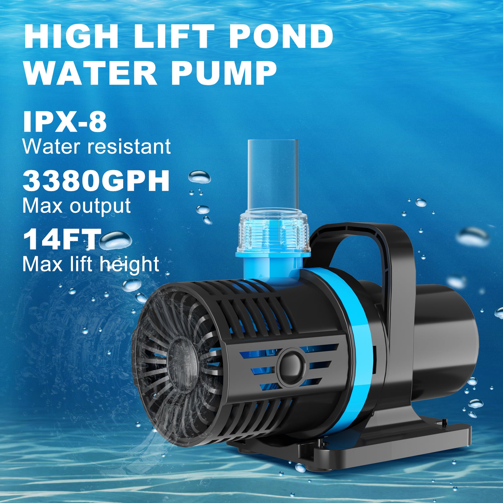 Submersible Water Pump, Pond Pump with filter, 3380GPH Ultra-quiet Fountain Pump with 16ft Cable, for Pool, Garden, Backyard, Waterfalls, and Water Circulation with 3 hoses and 1 filter bag