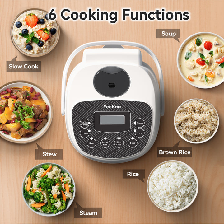 Mini Rice Cooker Small 4-Cup (cooked), Travel Rice Maker, 6-in-1 Portable Rice Cooker' 2 Cup (uncooked), Slow Cooker, Soup Maker, Stew Pot, White