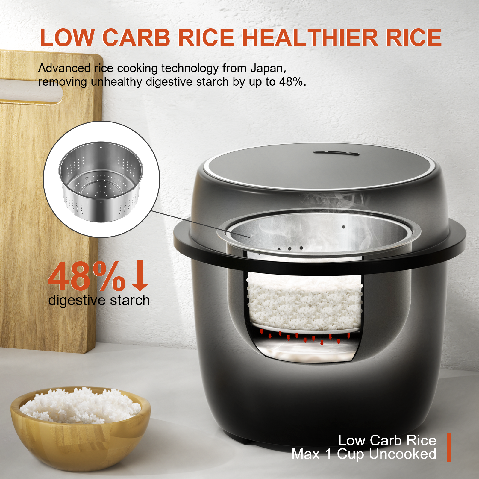 Rice Cooker Small Low Carb, YOKEKON 6-cup (cooked) Rice Cooker with Stainless Steel Steamer, 8-in-1 Rice Maker, Delay Timer and Auto Keep Warm Feature, Sushi, Risitto, Steamer, Cake, Black